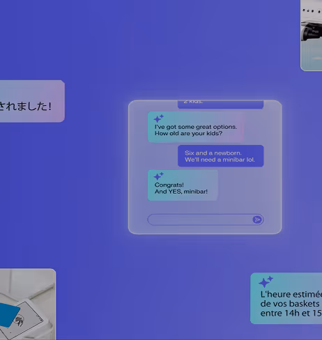 Chat screen with messages about kids' ages and mention of needing a minibar, on a blue-purple background.