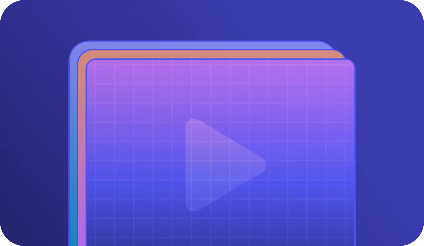Stacked translucent video player windows with play icons on a dark blue background.