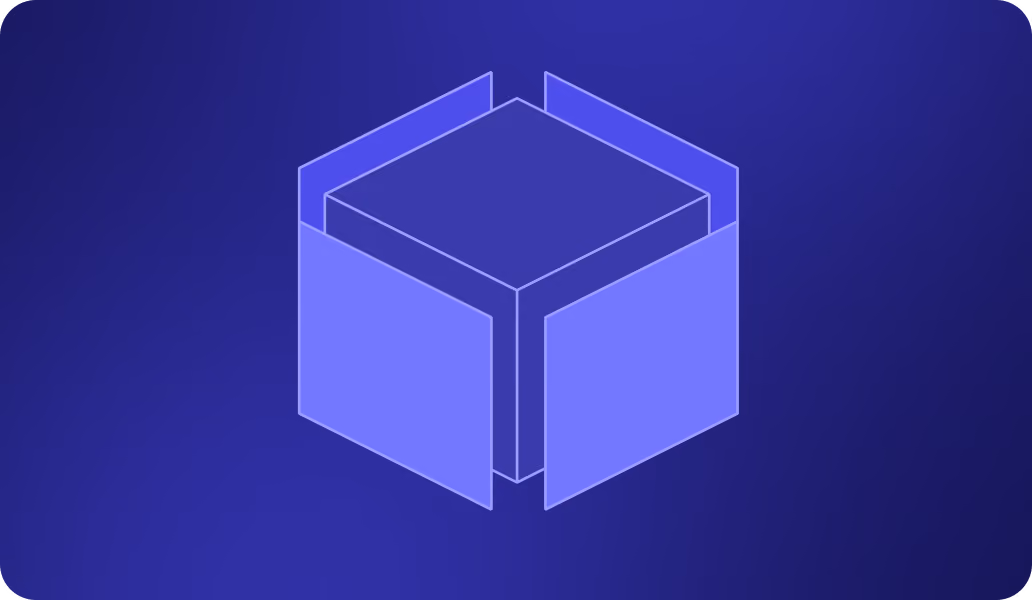 Blue transparent cube with three open panels on a dark blue gradient background.