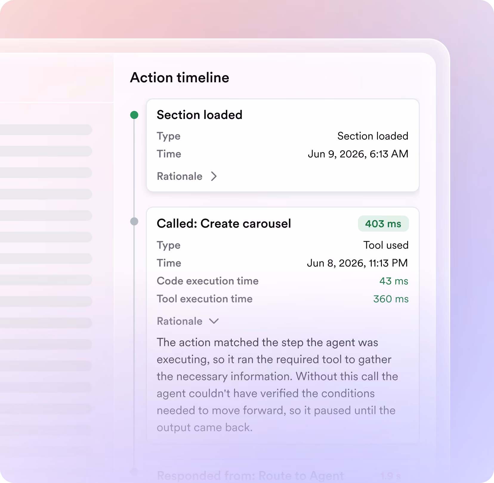 Action timeline showing 'Section loaded' on Jun 9, 2026, and 'Called: Create carousel' with timing details.