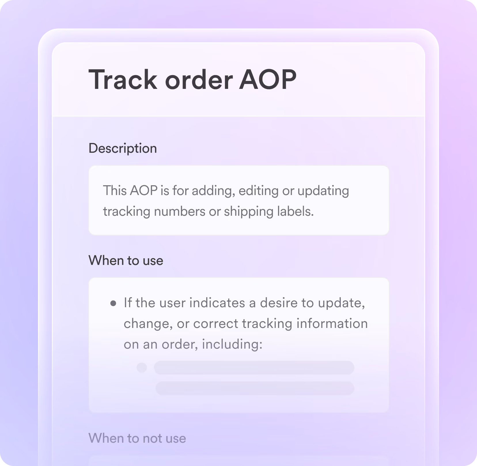 User interface section titled 'Track order AOP' with description about managing tracking numbers or shipping labels.