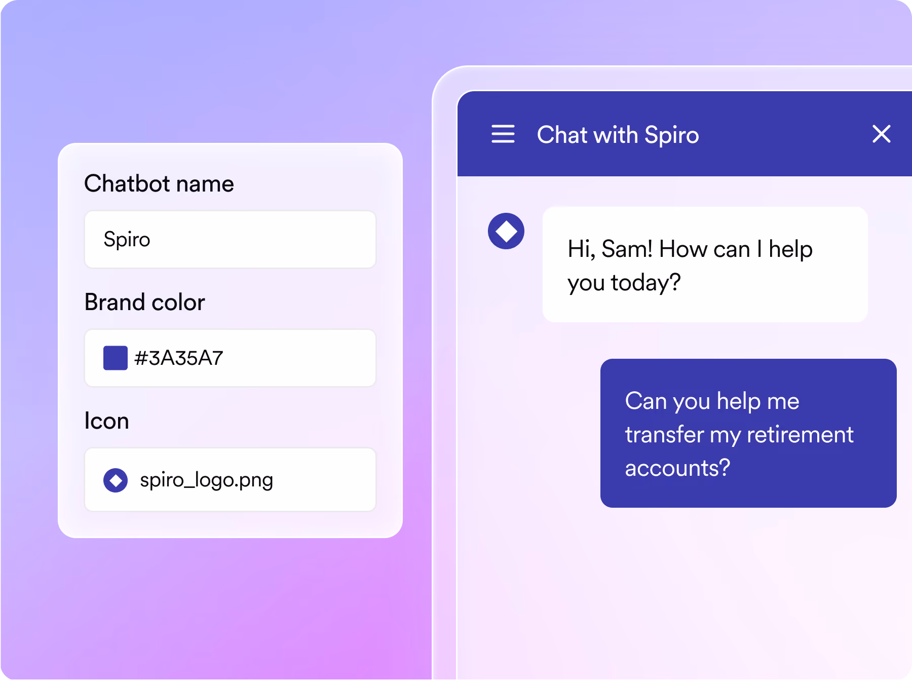 Chat interface showing chatbot named Spiro with brand color and a user asking about transferring retirement accounts.