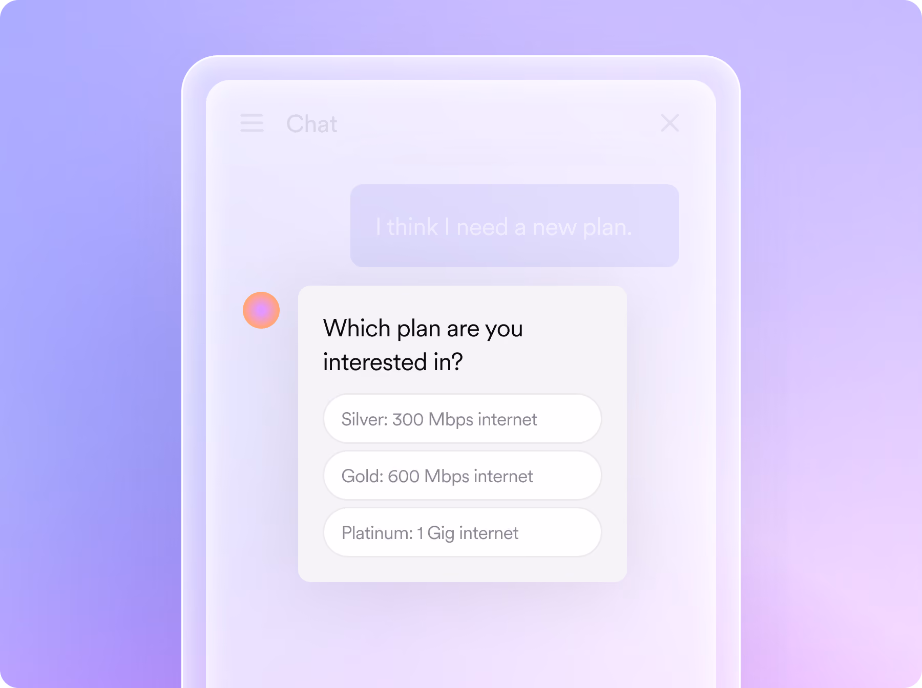 Chat window showing user asking about internet plans with options for Silver, Gold, and Platinum speeds.