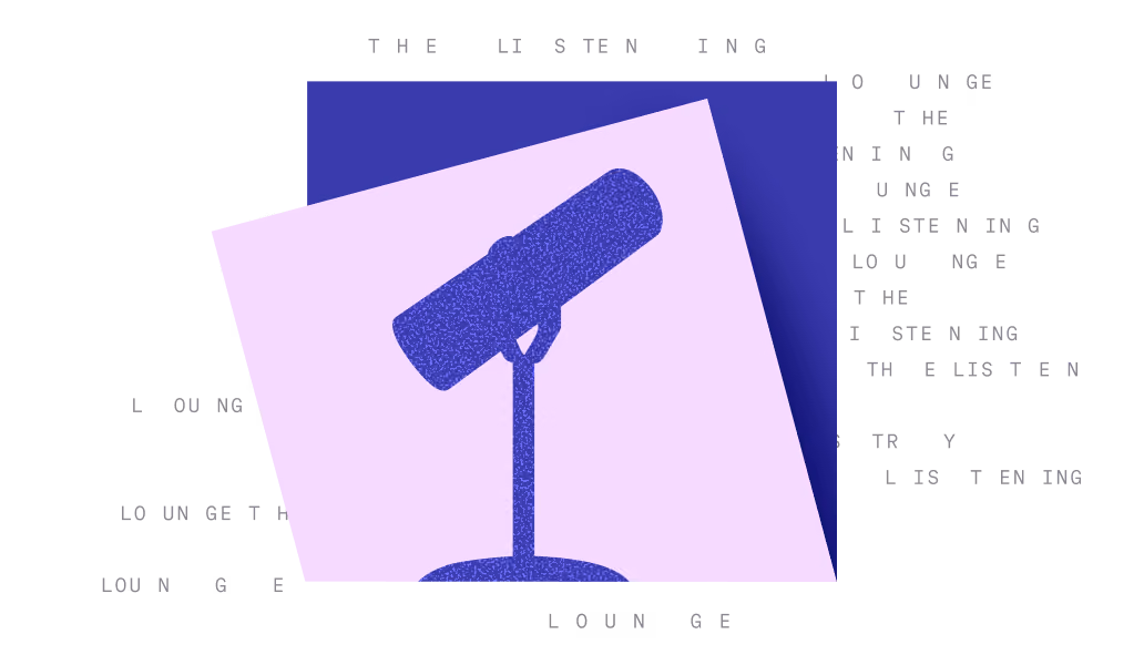 Stylized dark blue telescope on a stand with overlapping purple and dark blue rectangles.