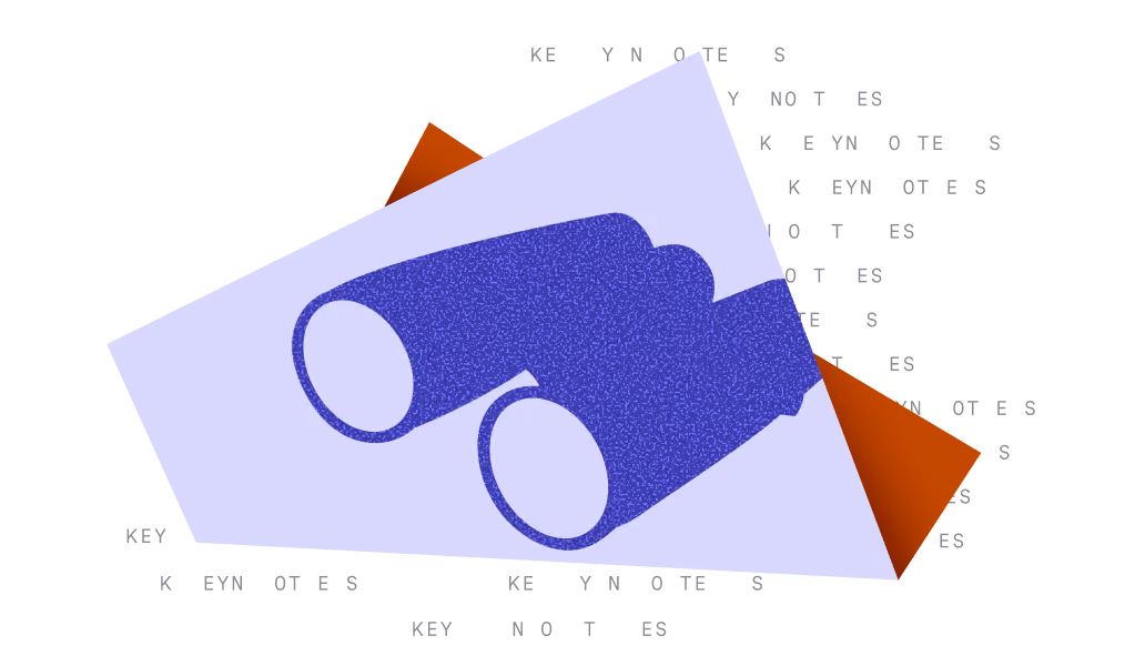 Blue binoculars on top of overlapping purple and orange polygons with scattered text reading 'key notes'.