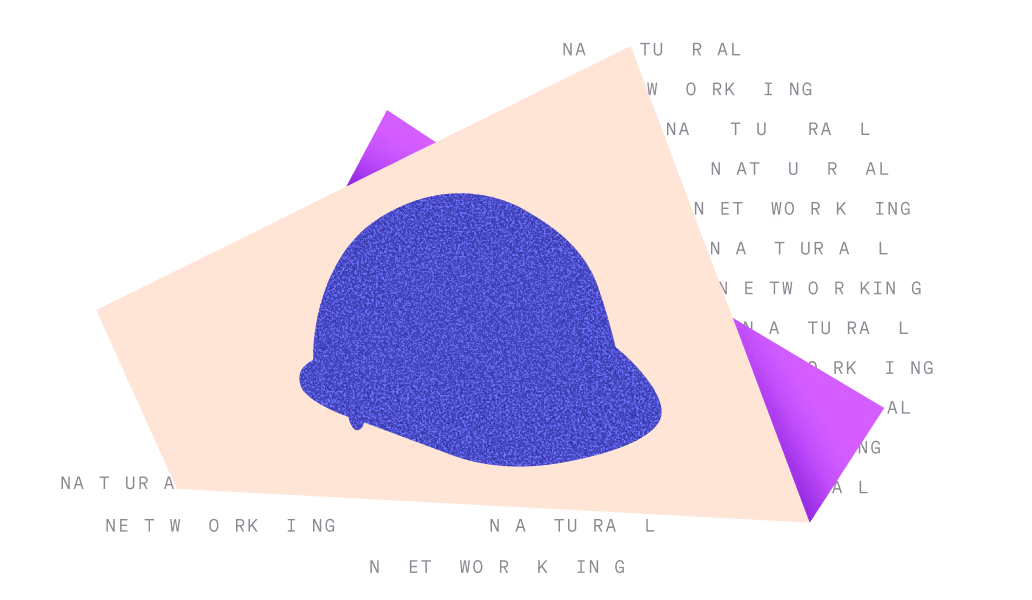 Illustration of a blue construction hard hat on a tilted beige rectangle with scattered text.