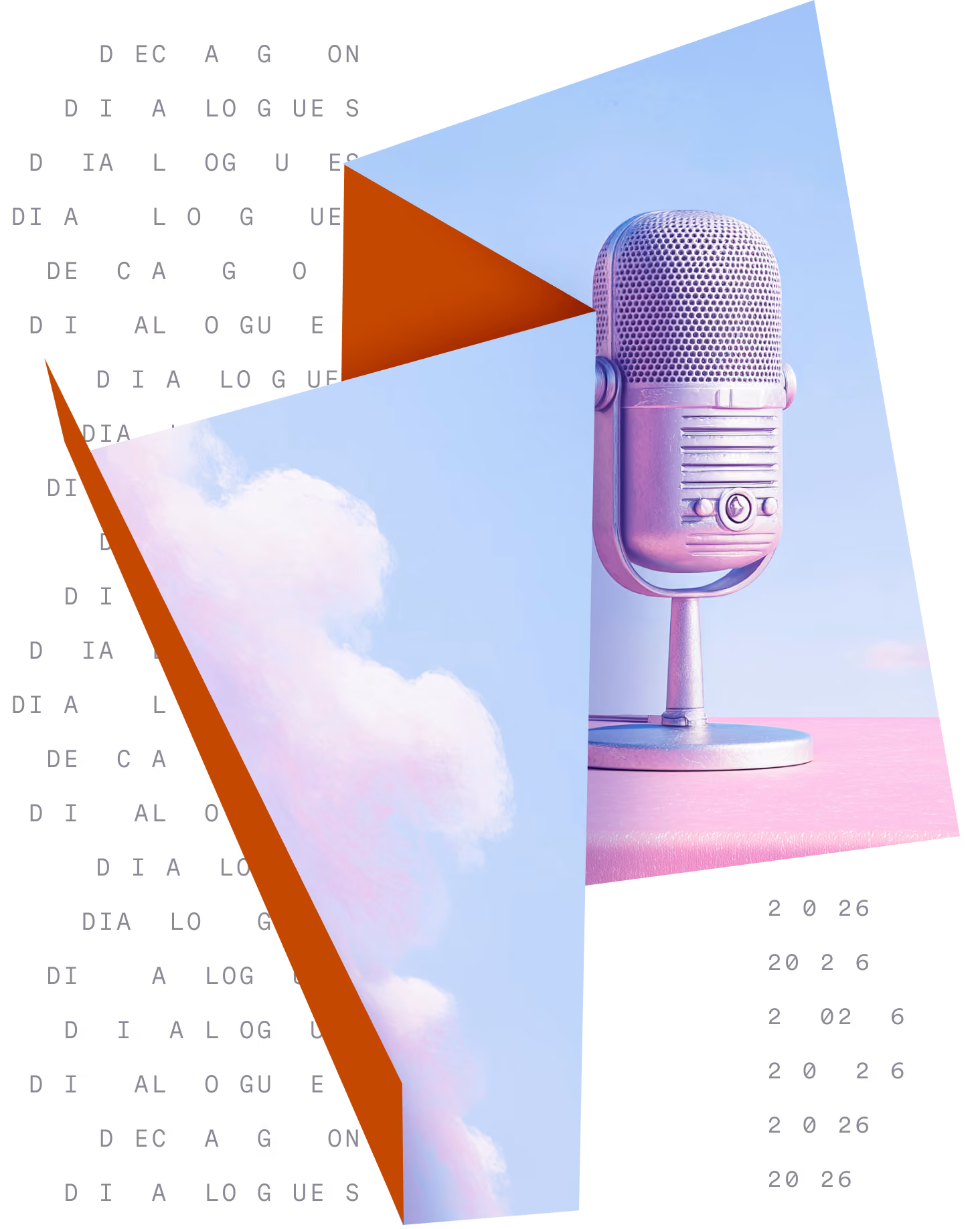 Retro microphone on pink surface with blue sky and clouds background and scattered text.