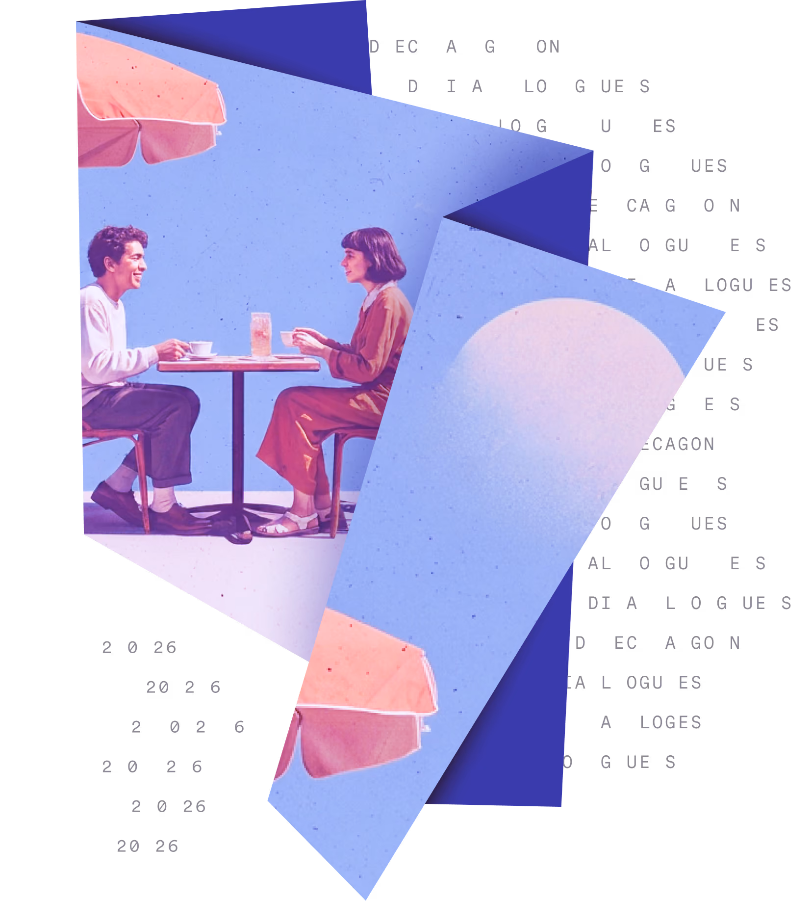 Illustration of a man and woman sitting at a table under a pink umbrella, having a drink.