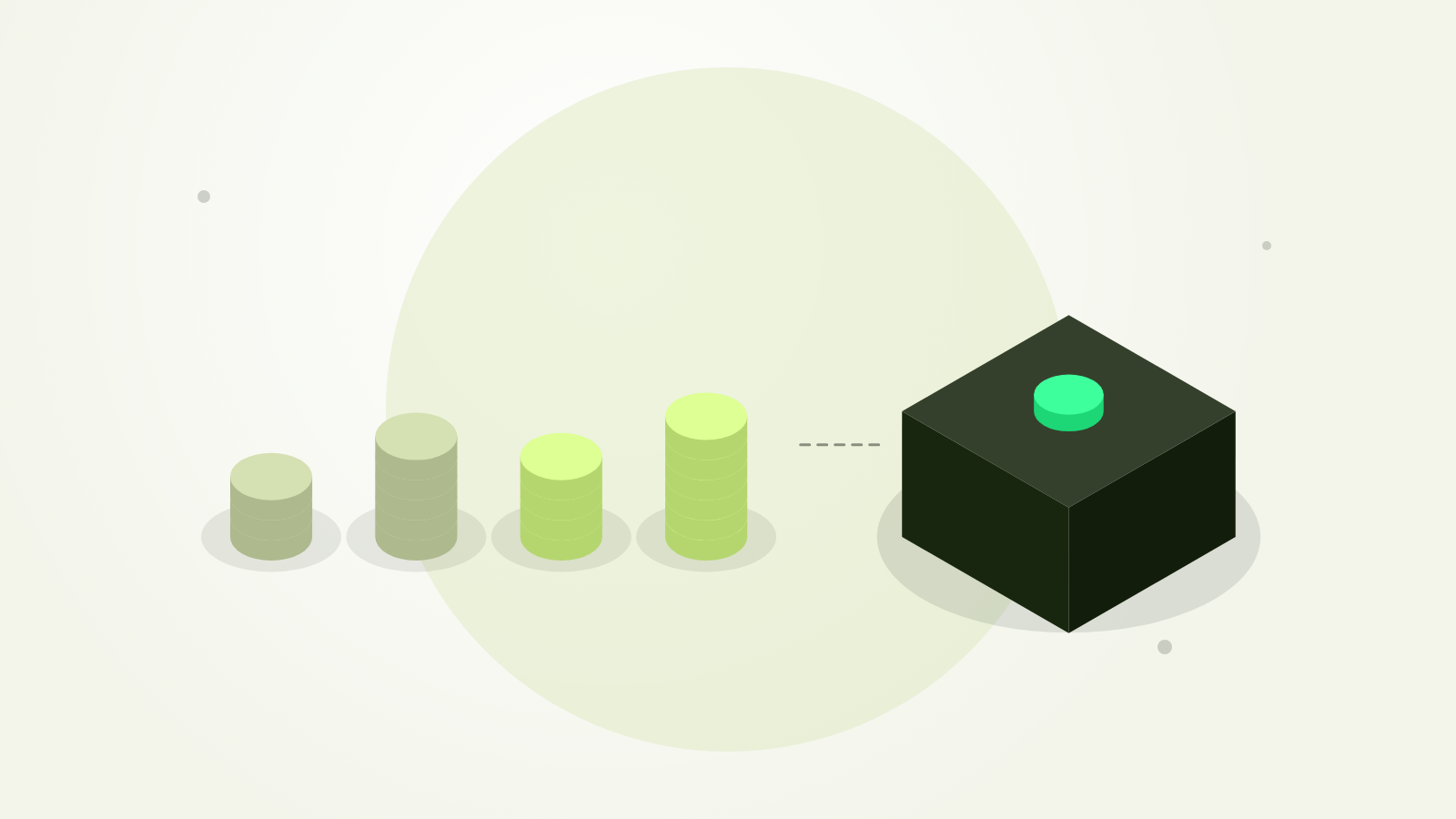 Abstract isometric illustration: separate coin stacks beside one solid capacity block