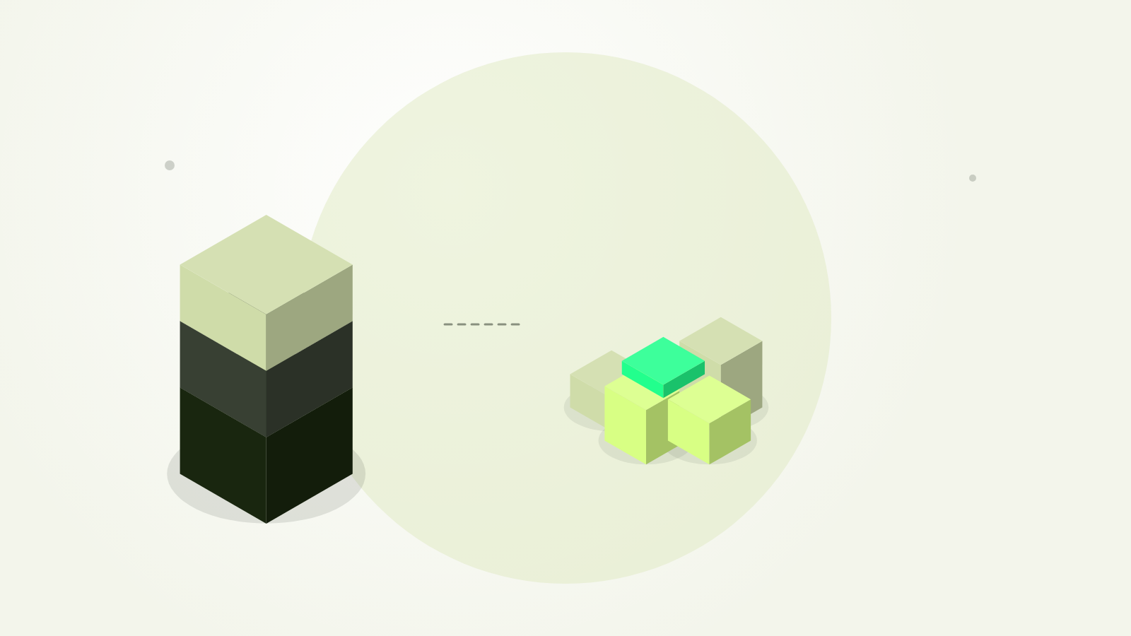 Abstract isometric illustration: one tall fixed tower beside a cluster of smaller flexible units