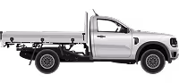 White single-cab pickup truck with flatbed, side view in black and white