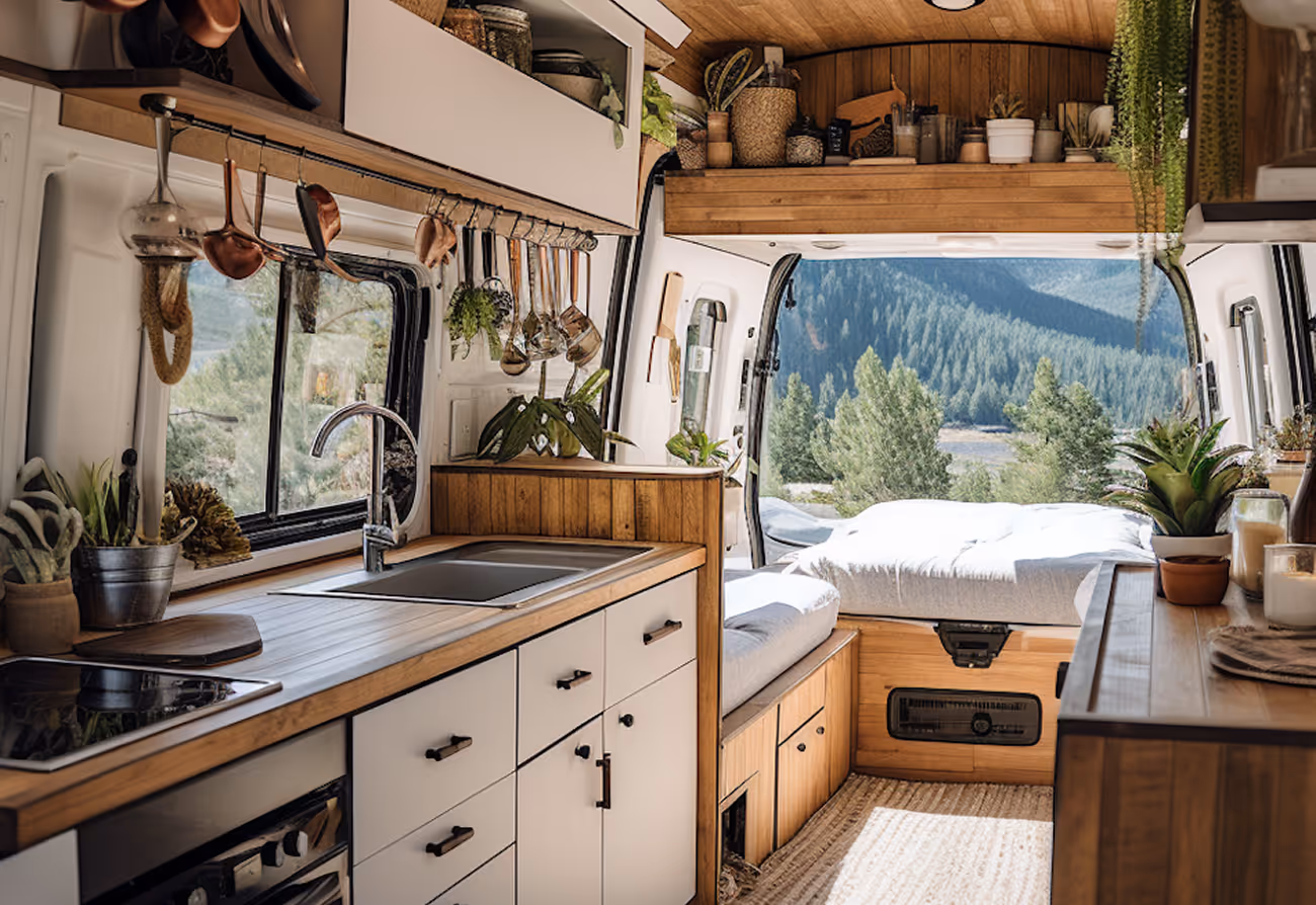 Innenraum eines Wohnmobils mit einer Holzküche, Hängelöffeln und Pflanzen, und Betten mit Ausblick auf bewaldete Berge.
