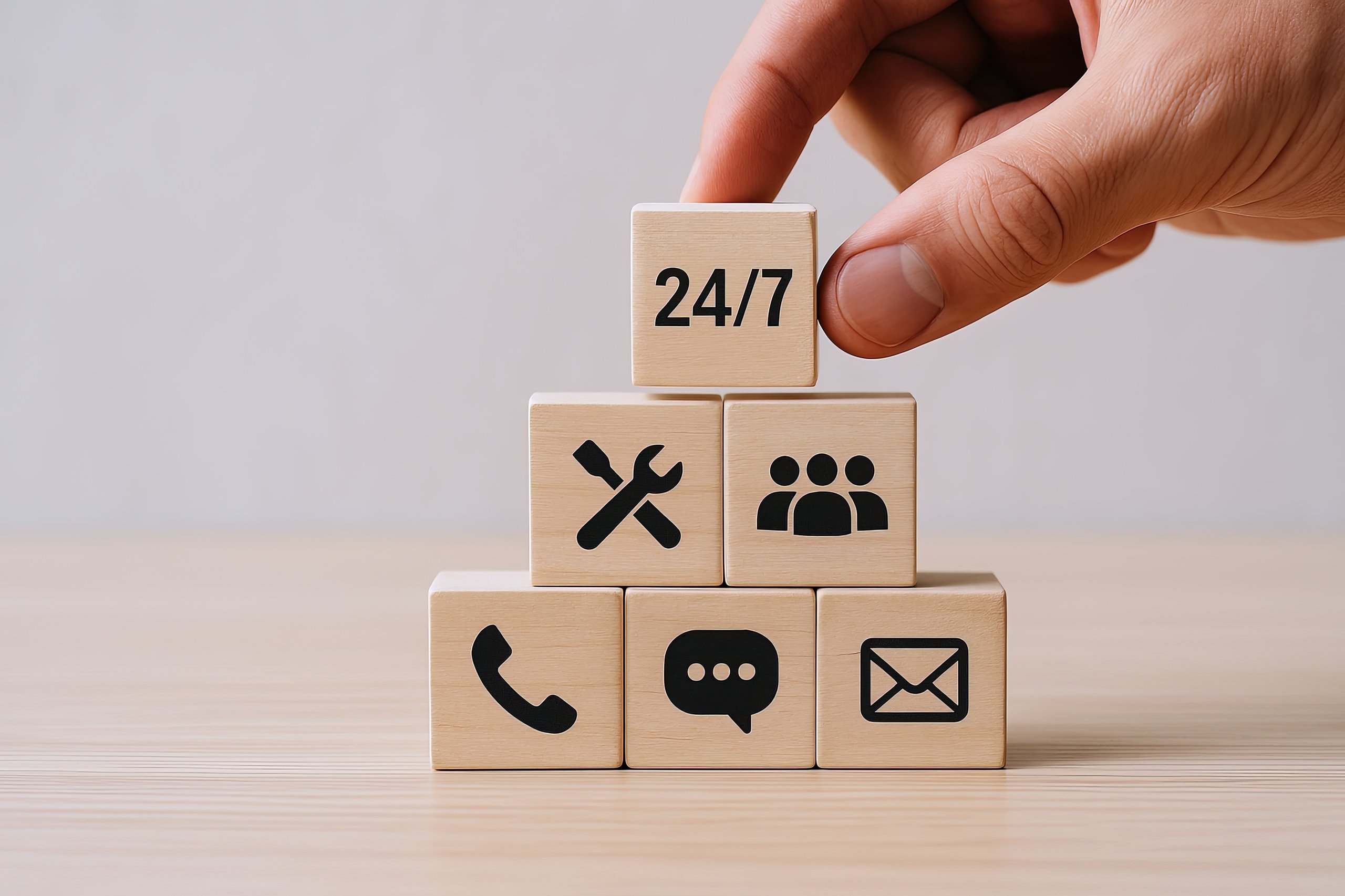 Hand legt Holzblock mit der Aufschrift 24/7 auf einen Turm aus Blöcken mit Symbolen für Werkzeuge, Team, Telefon, Chat und E-Mail.