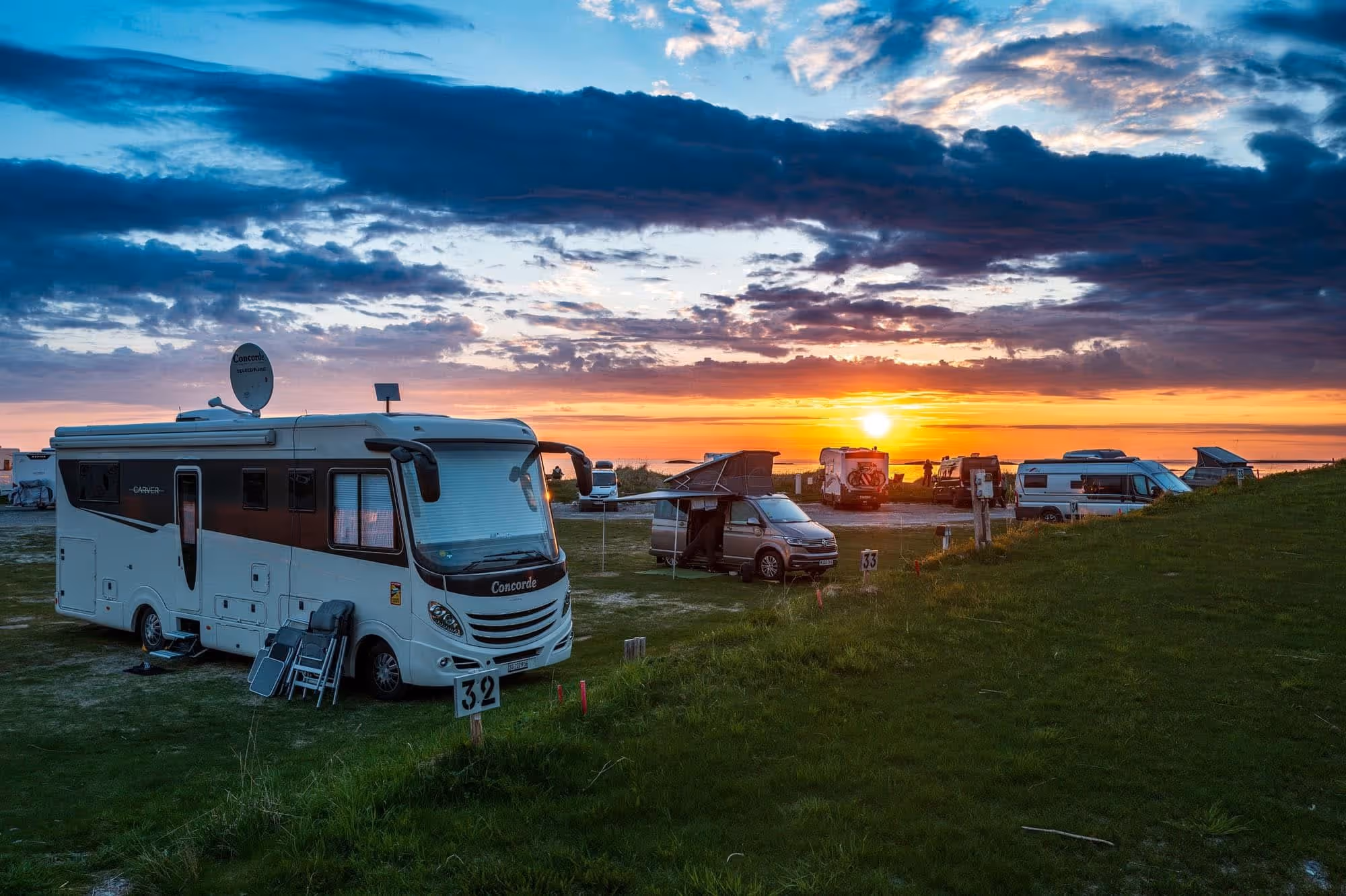 Wohnmobile und Camper auf einem Campingplatz bei Sonnenuntergang mit teils bewölktem Himmel.