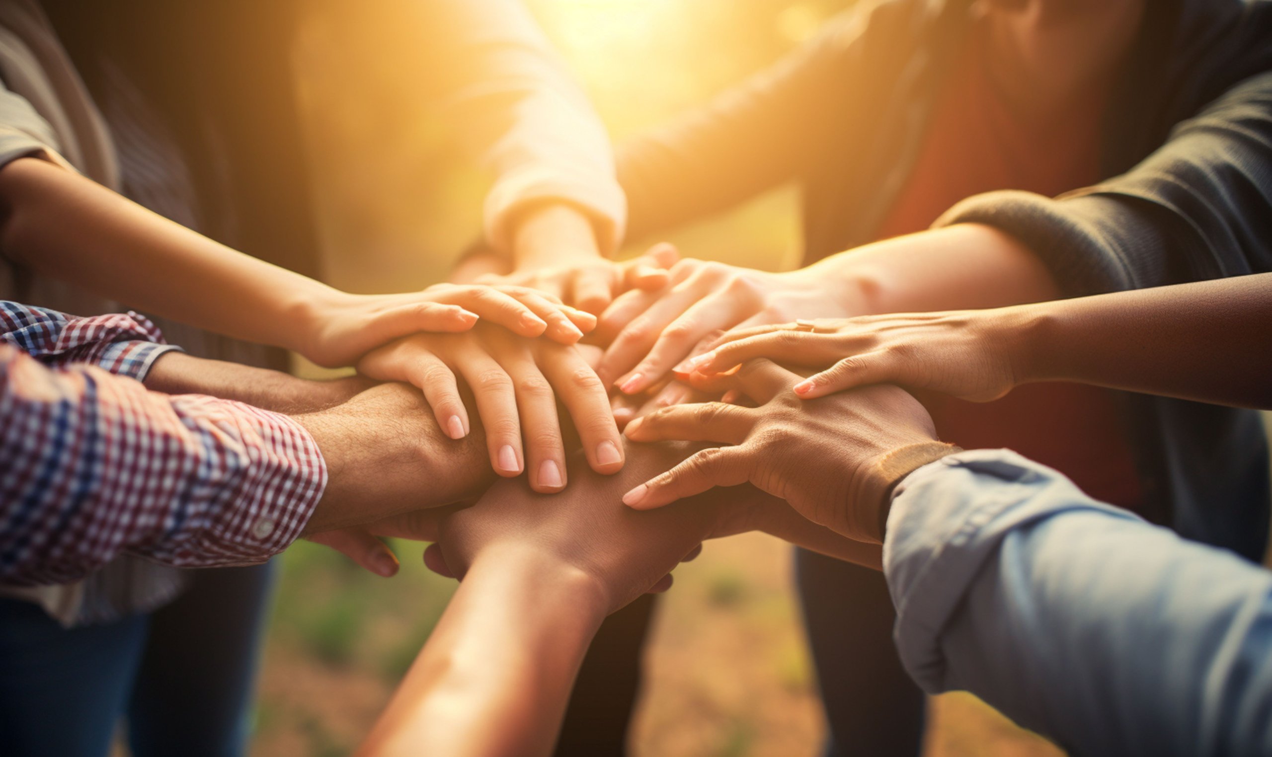 Mehrere Hände verschiedener Personen liegen übereinander in einem symbolischen Akt der Zusammenarbeit und Einheit.