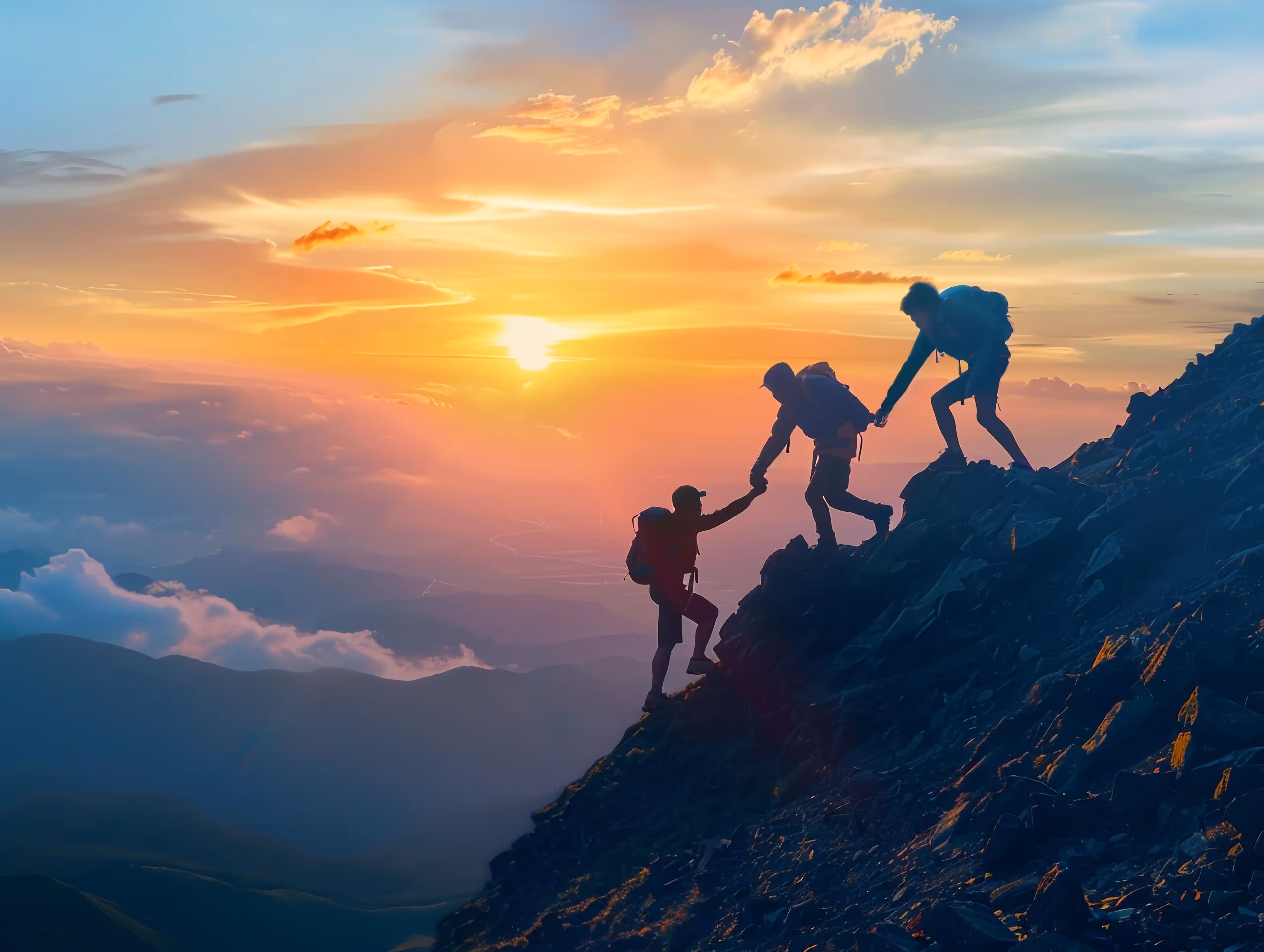Drei Wanderer helfen sich beim Aufstieg auf einem steilen Felsen mit Sonnenuntergang im Hintergrund.