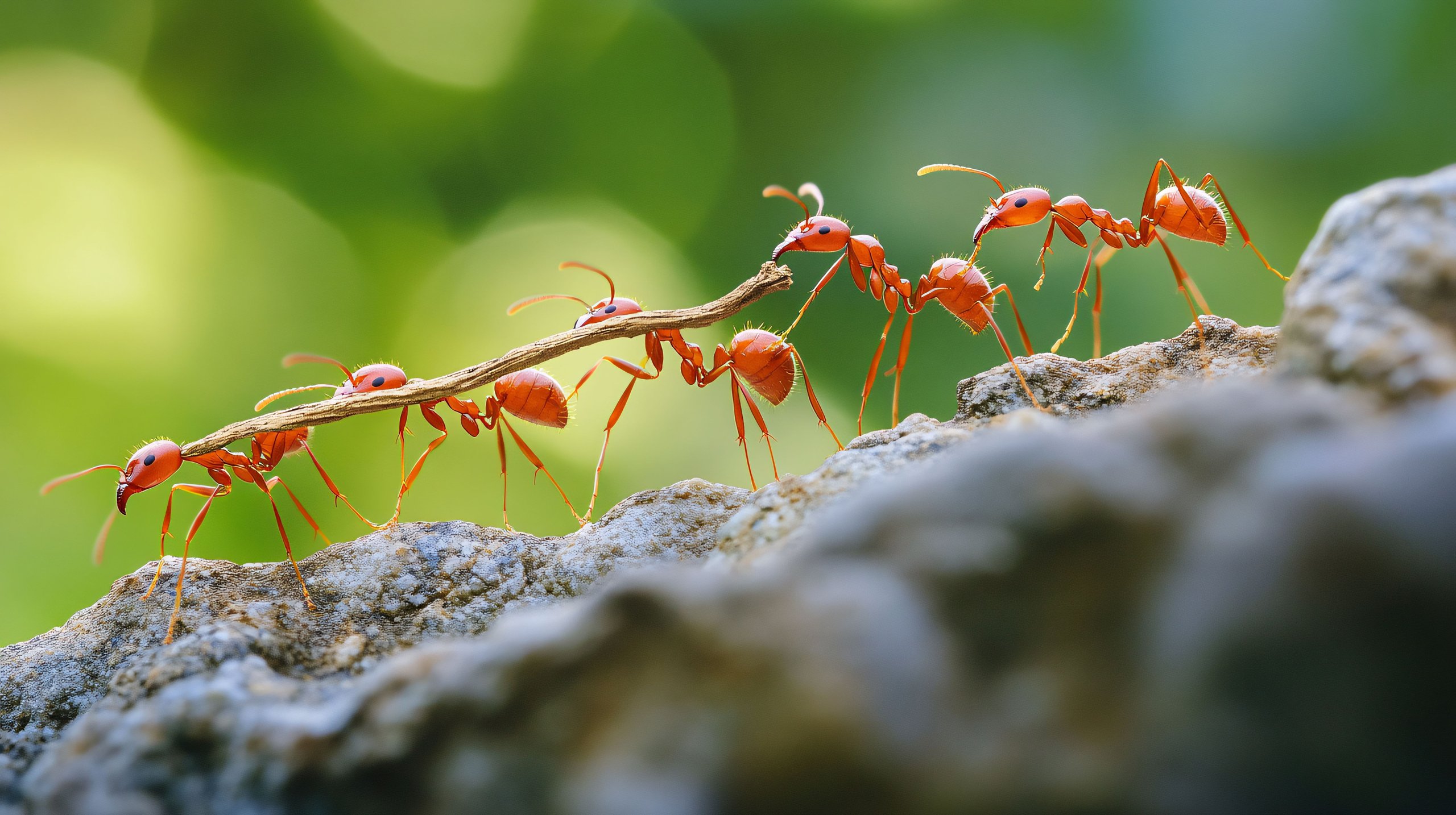 Sechs rote Ameisen tragen gemeinsam einen Zweig und laufen auf einem felsigen Untergrund.