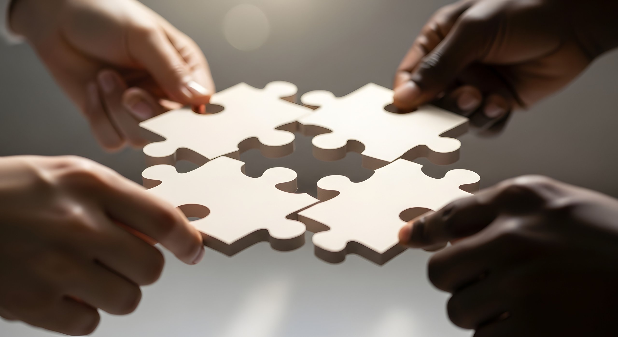 Vier Hände halten vier weiße Puzzleteile, die zusammengefügt werden.