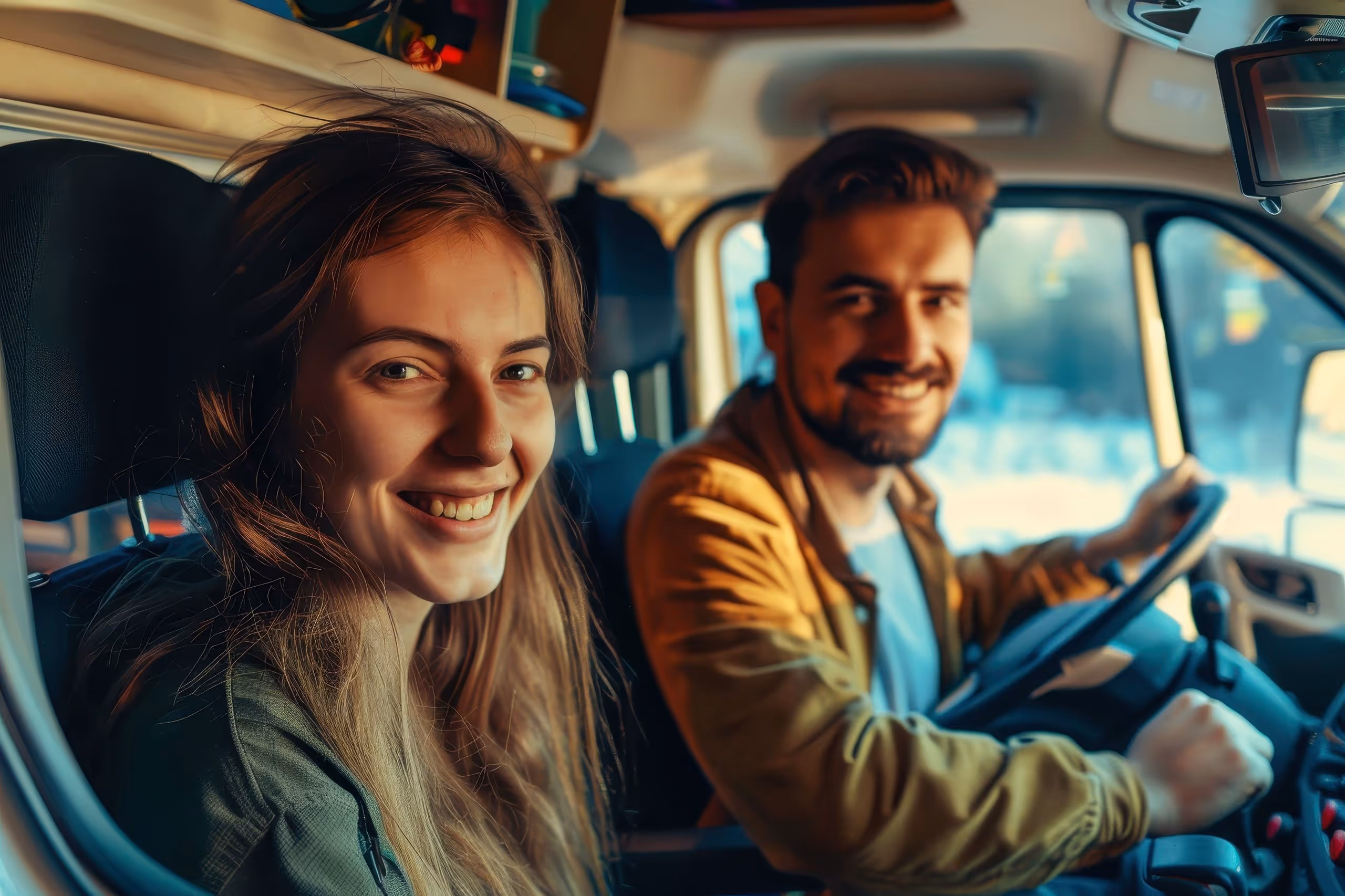 Junges Paar lächelt im Auto, Frau sitzt auf dem Beifahrersitz, Mann fährt.