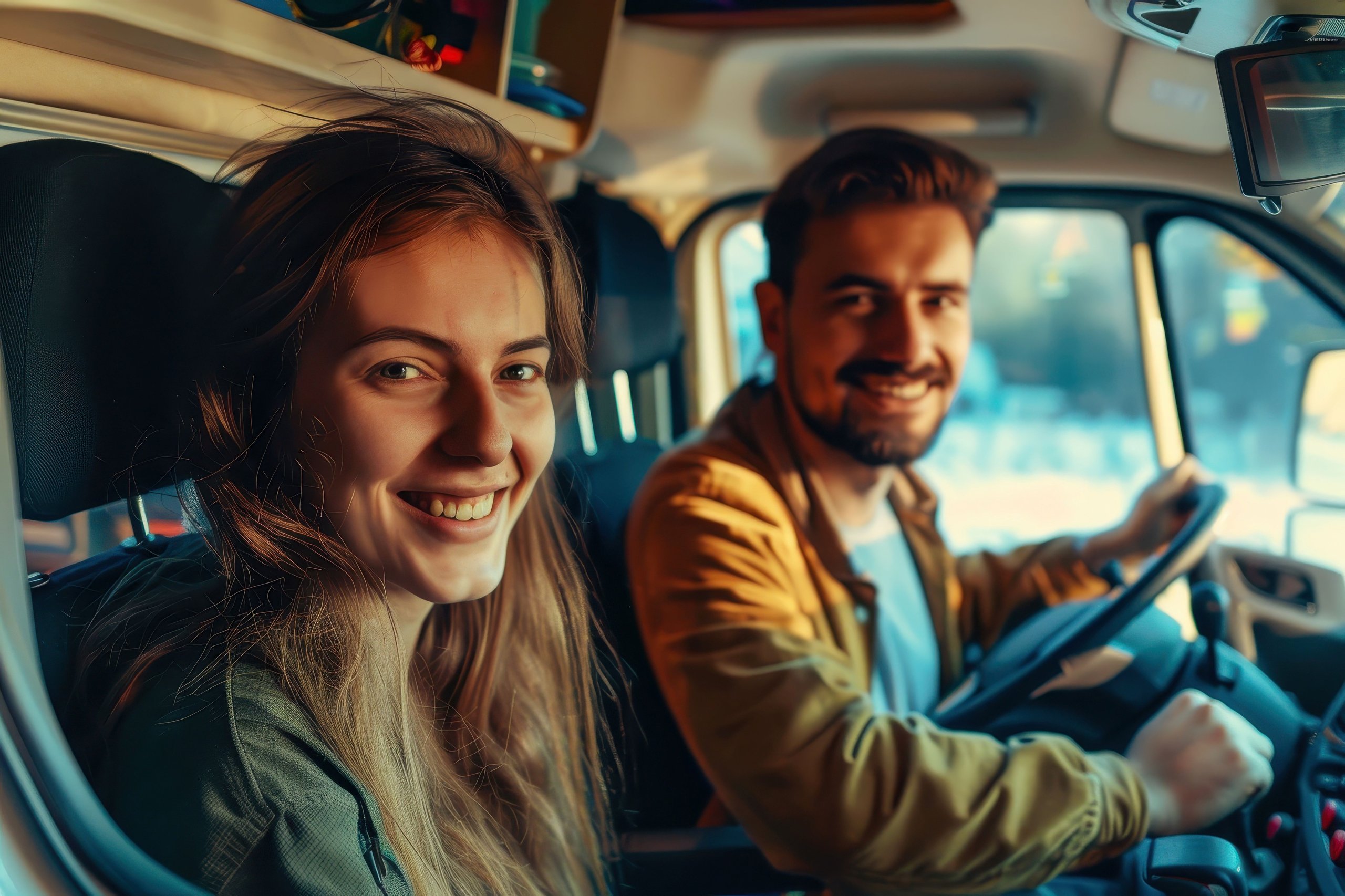 Junges Paar lächelt im Auto, Frau sitzt auf dem Beifahrersitz, Mann fährt.