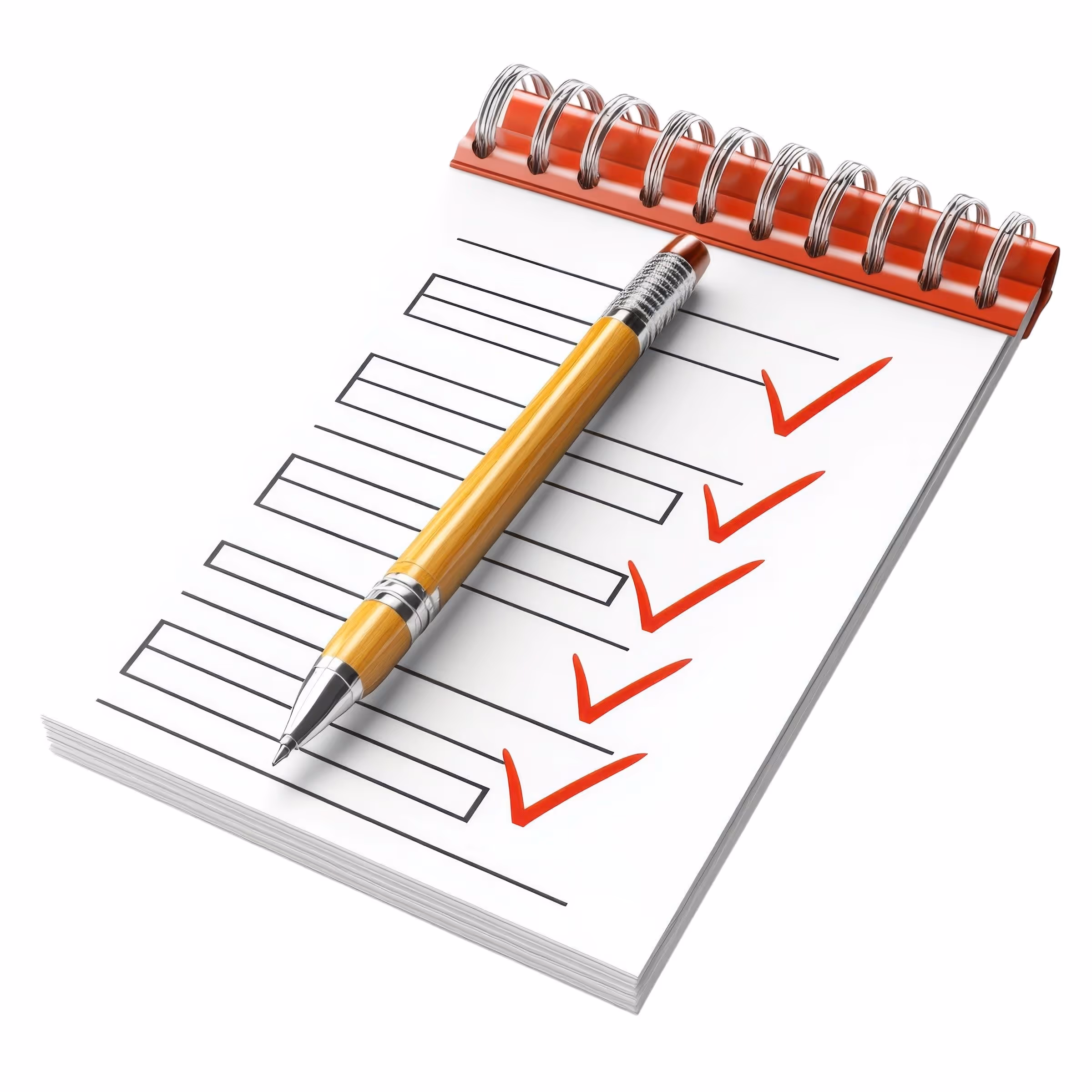 Notizblock mit roten Kontrollkästchen und einem Stift darauf.
