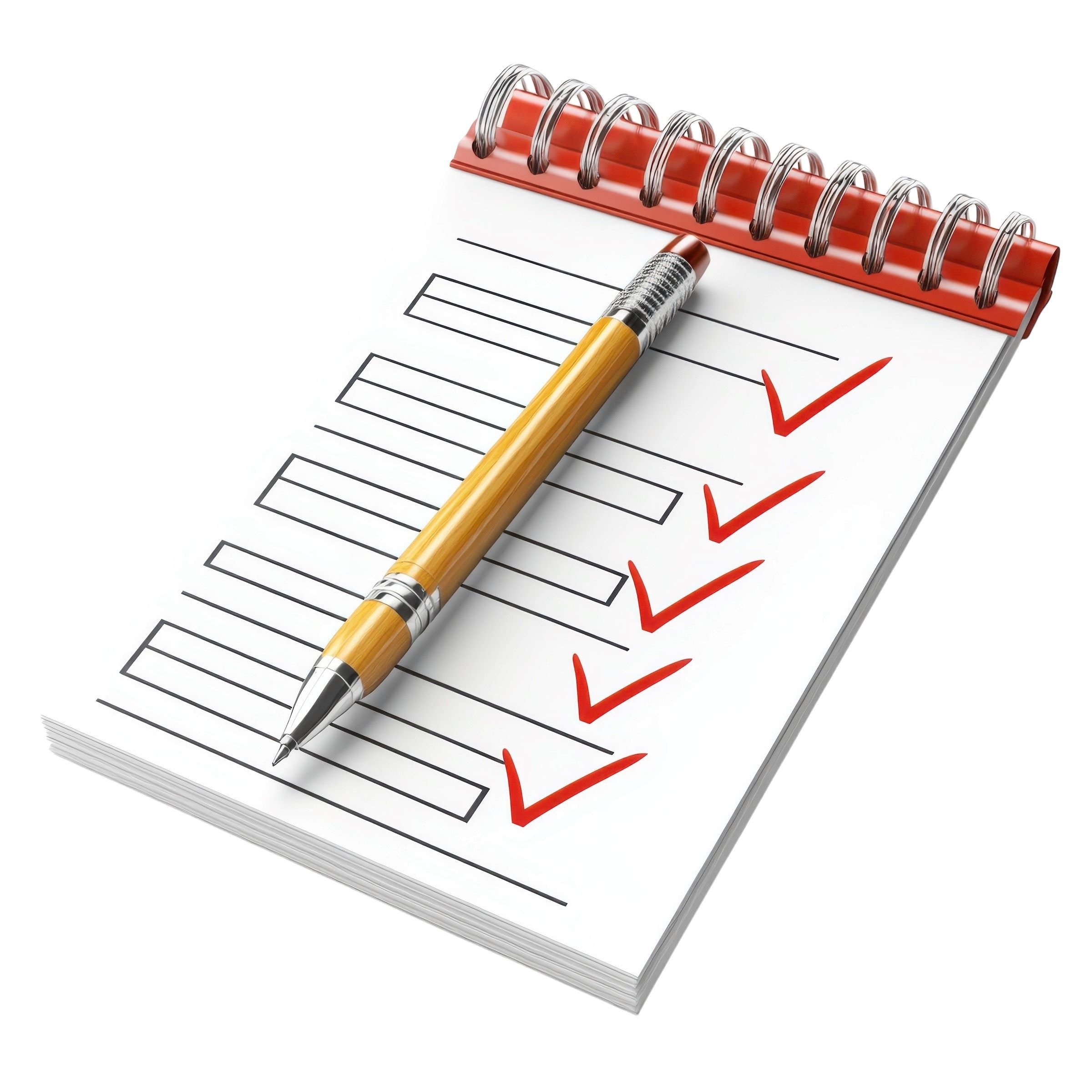 Notizblock mit roten Kontrollkästchen und einem Stift darauf.