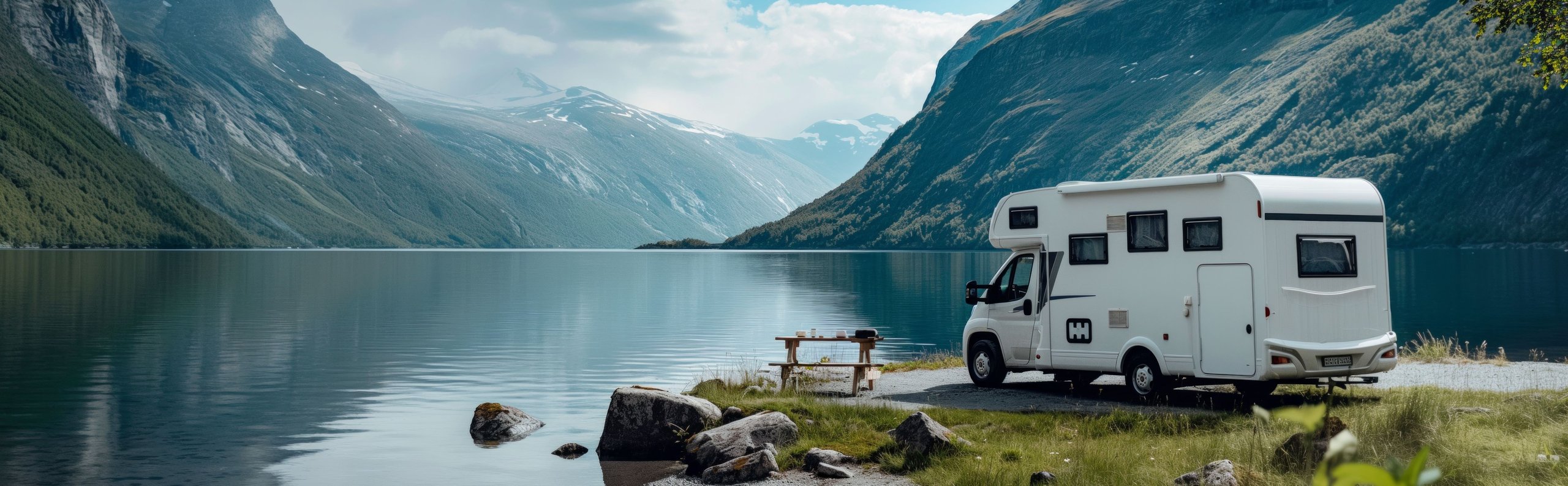 Wohnmobil steht am ruhigen Bergsee mit umliegenden bewaldeten Bergen und Picknicktisch am Ufer.