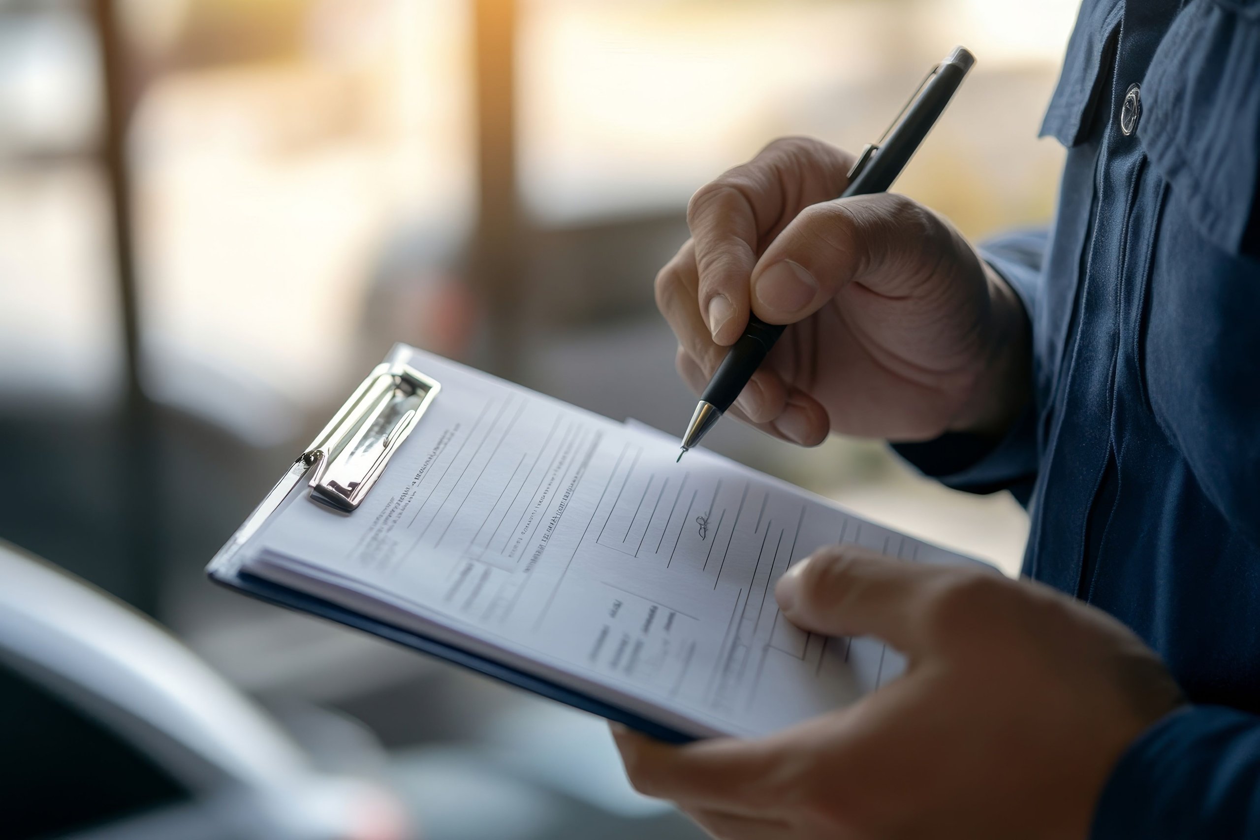Person in blue shirt holding pen and clipboard with form, preparing to write.