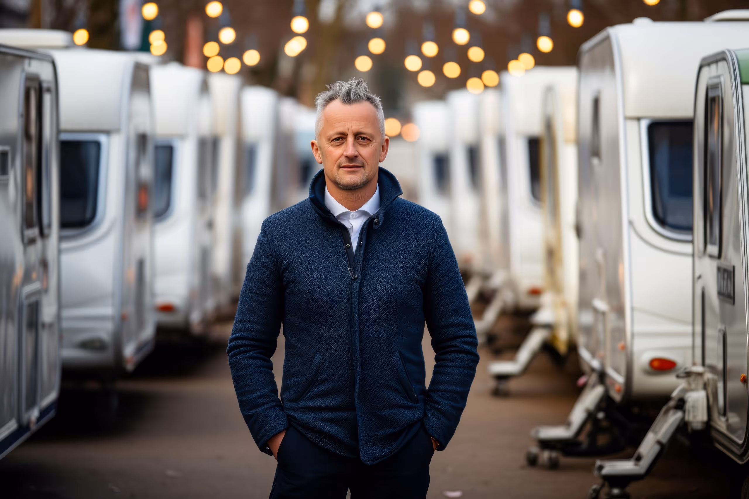 Mann mit grauen Haaren in dunkelblauer Jacke steht zwischen Reihen von weißen Wohnwagen mit Lichterketten im Hintergrund.