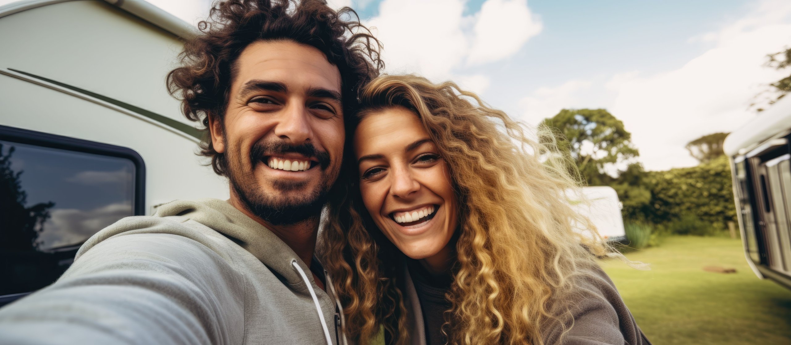 Lächelndes Paar mit lockigem Haar macht ein Selfie vor Wohnmobilen im Freien.