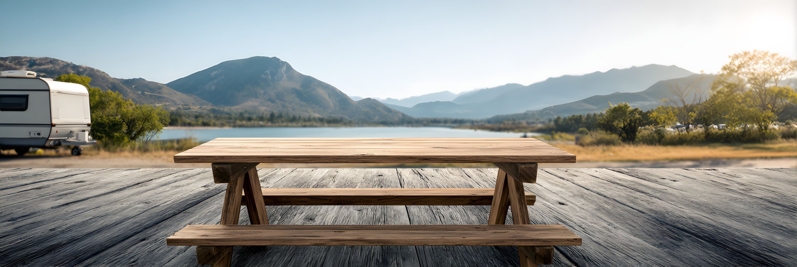 Holztisch und Bank auf einer Terrasse mit Blick auf einen See, Bergen und einem Wohnwagen bei Sonnenuntergang.