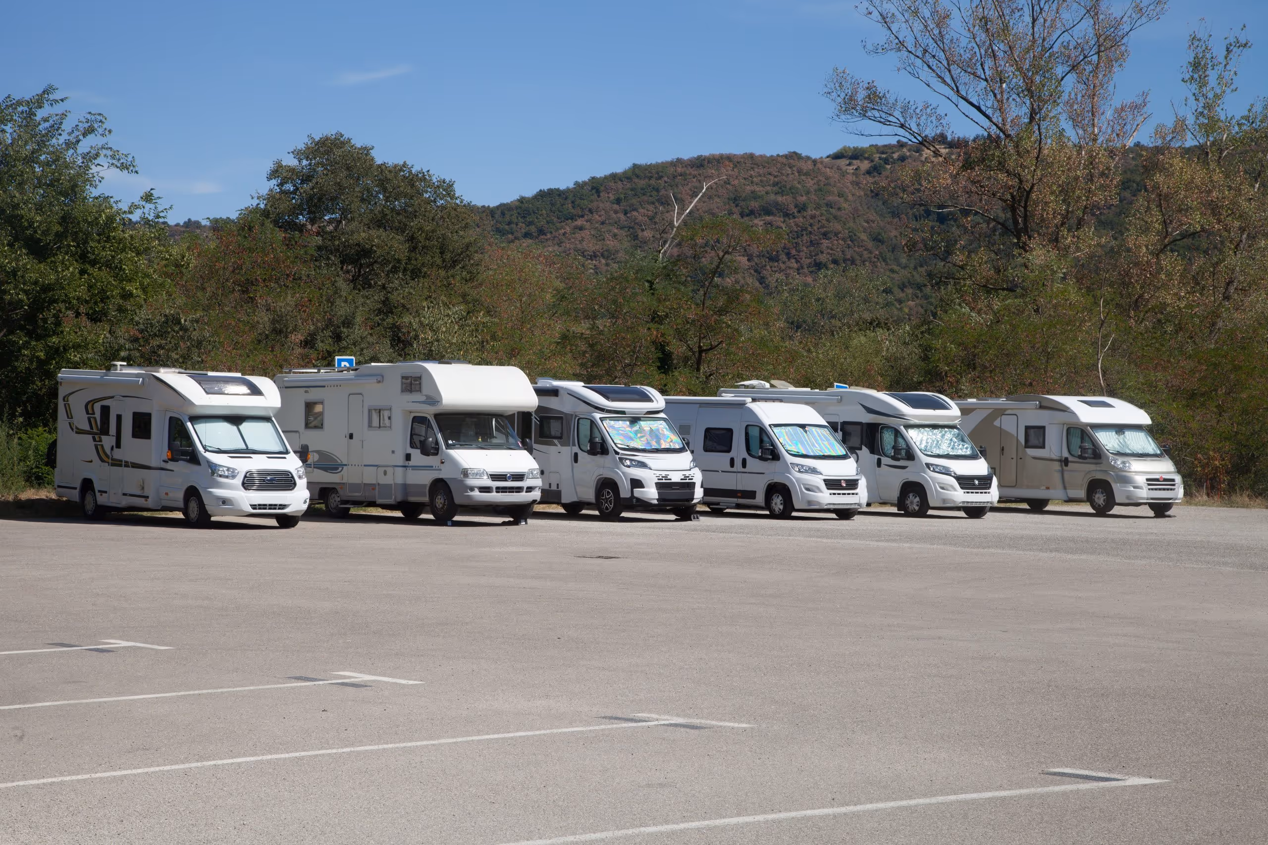 Sechs weisse Campervans auf einem Parkplatz mit bewaldeten Hügeln im Hintergrund unter blauem Himmel.