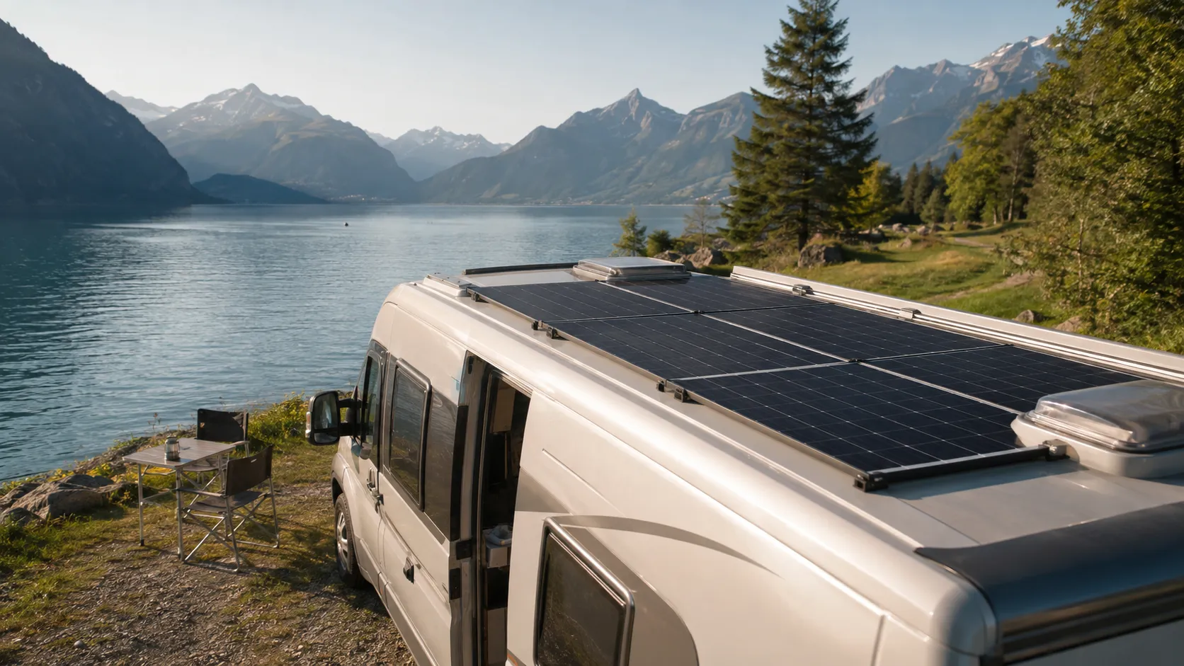 Symbolbild: Solarmodule auf einem Wohnmobil an einem Bergsee