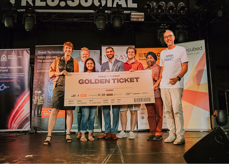 Freo Startup Fest Golden Ticket Winners Holding Giant Ticket