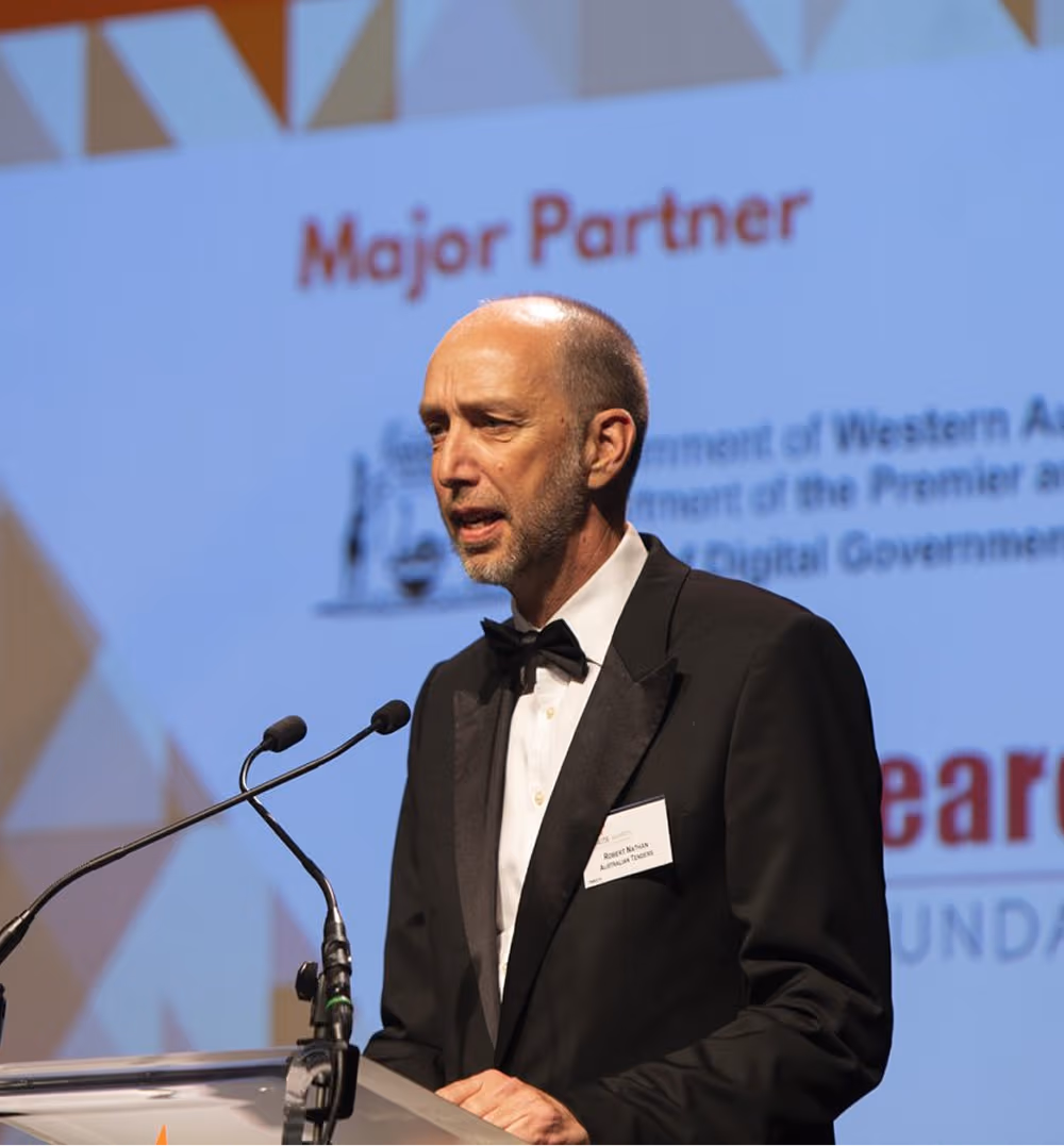 Rob Nathan giving his acceptance speech for 2019 WA Pearcey Entrepreneur Award
