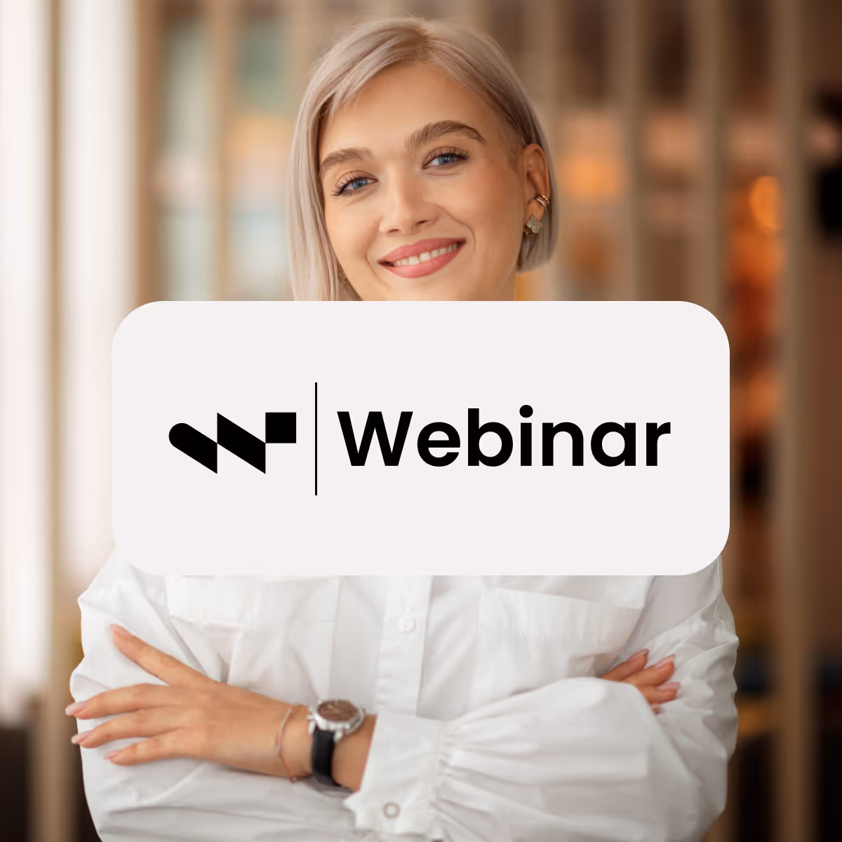 Winvoice Webinar Logo, Woman smiling in corporate environment