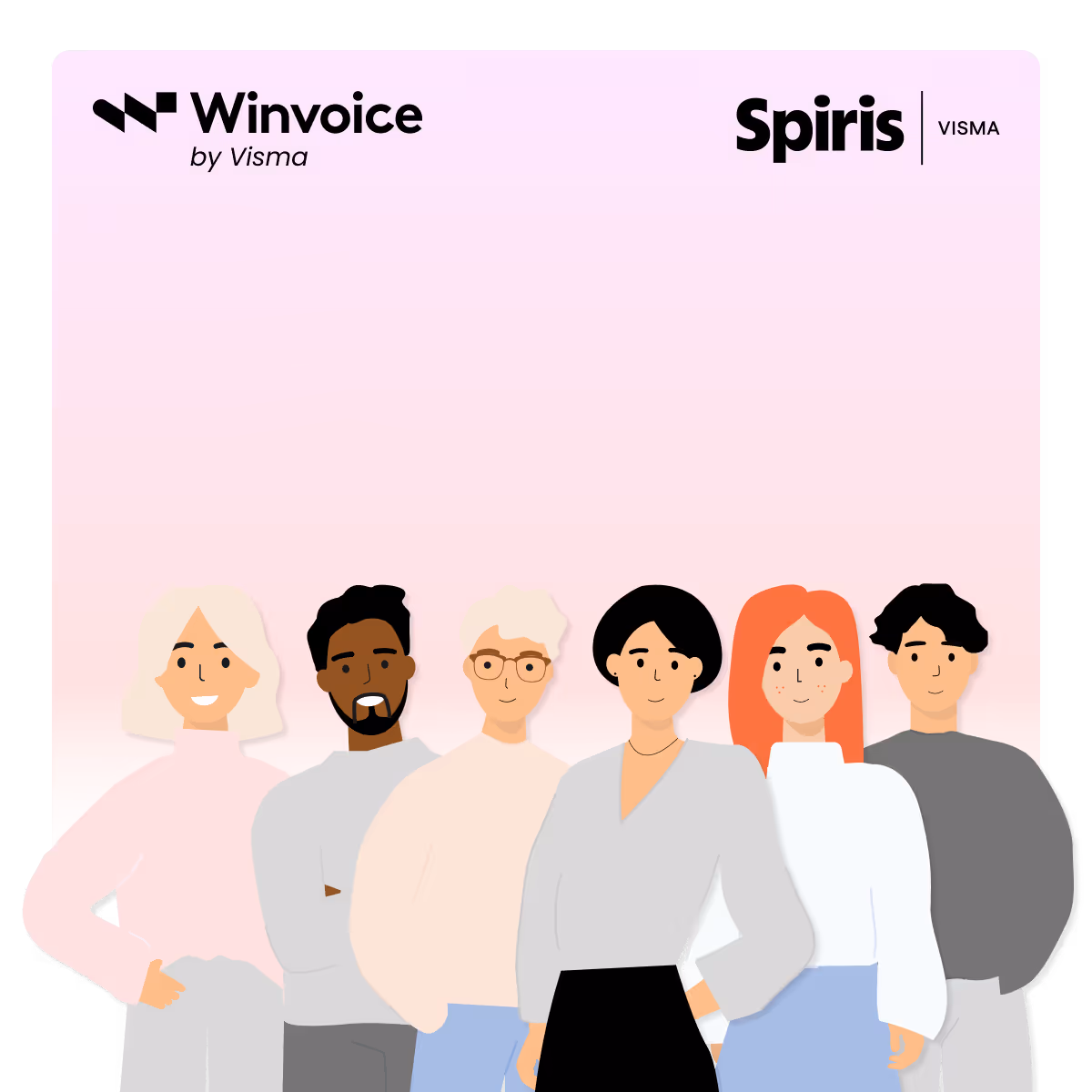 Illustration av ekonomiteam med Winvoice och Spiris logotyp
