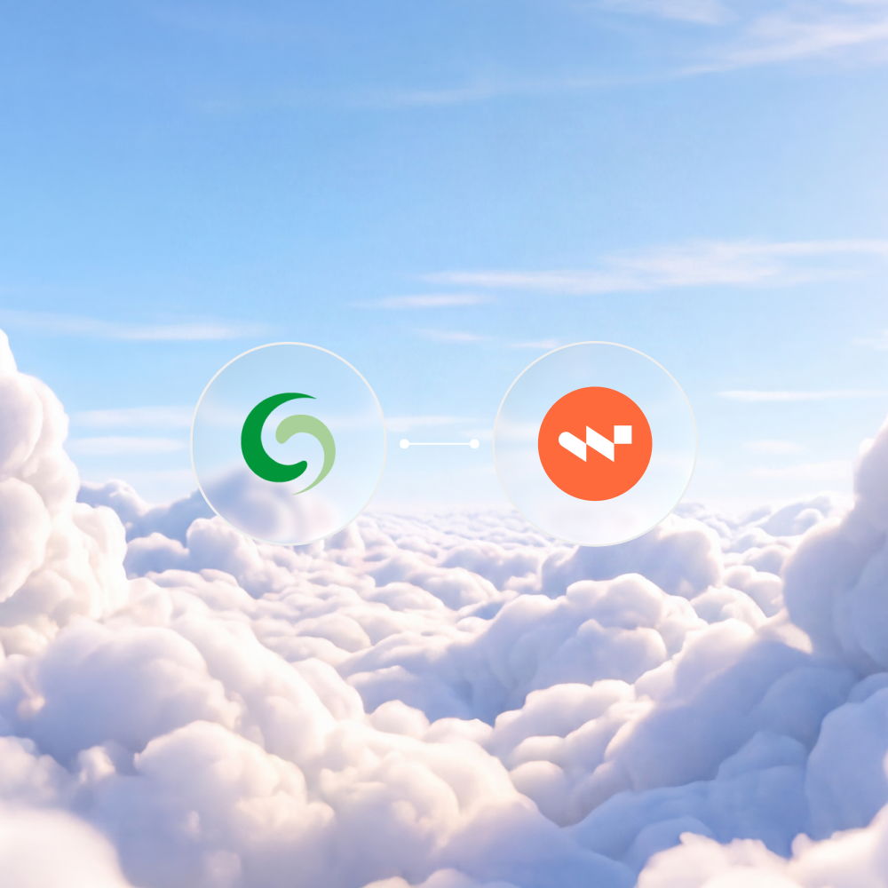 Bild på himmel och moln med Specter logotyp och Winvoice logotyp samt en linje som visar på integration mellan systemen.
