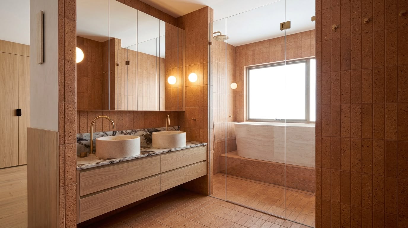 Ensuite with double stone basins and a walk-in shower