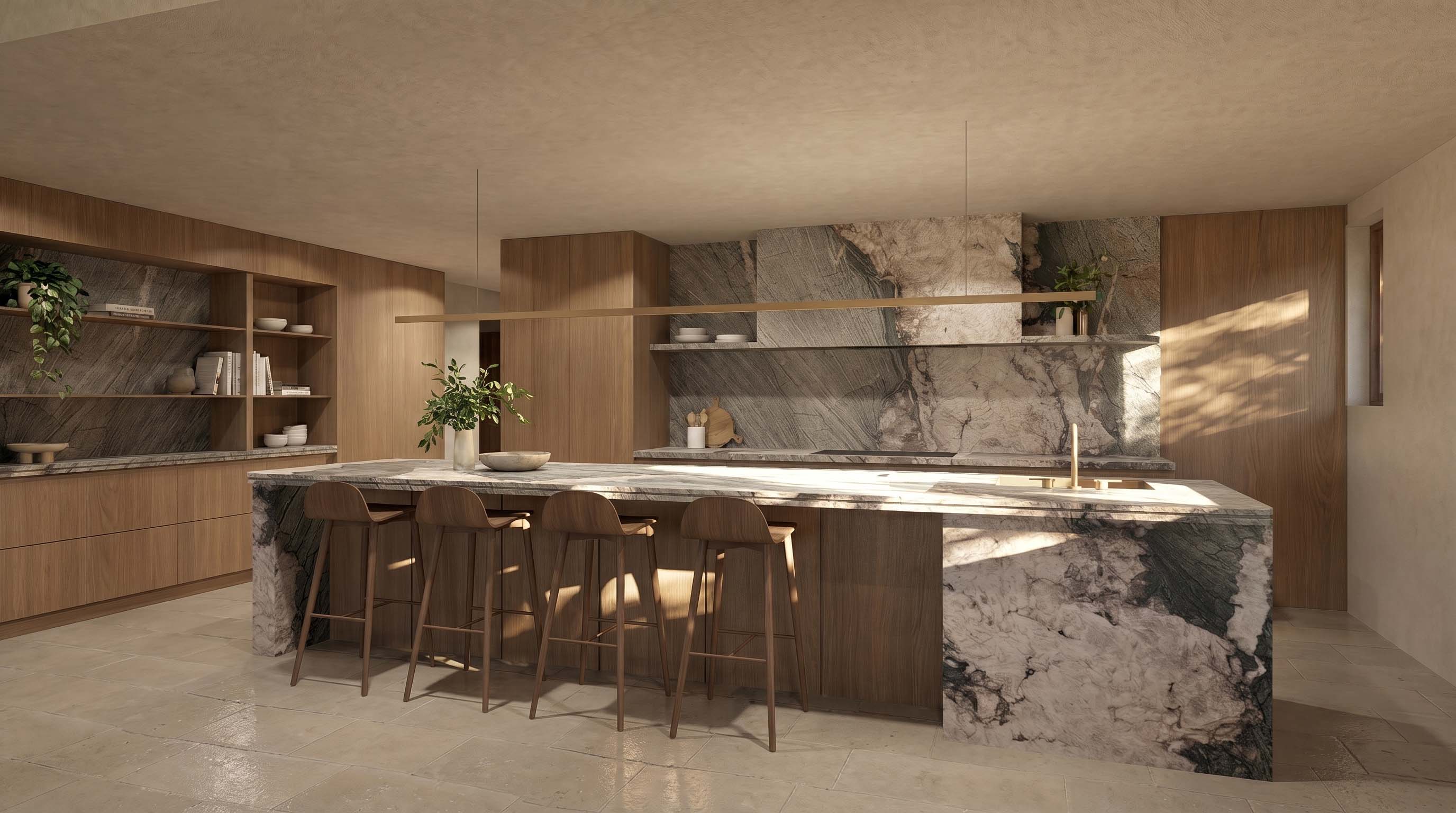 Kitchen with a marble island and timber joinery