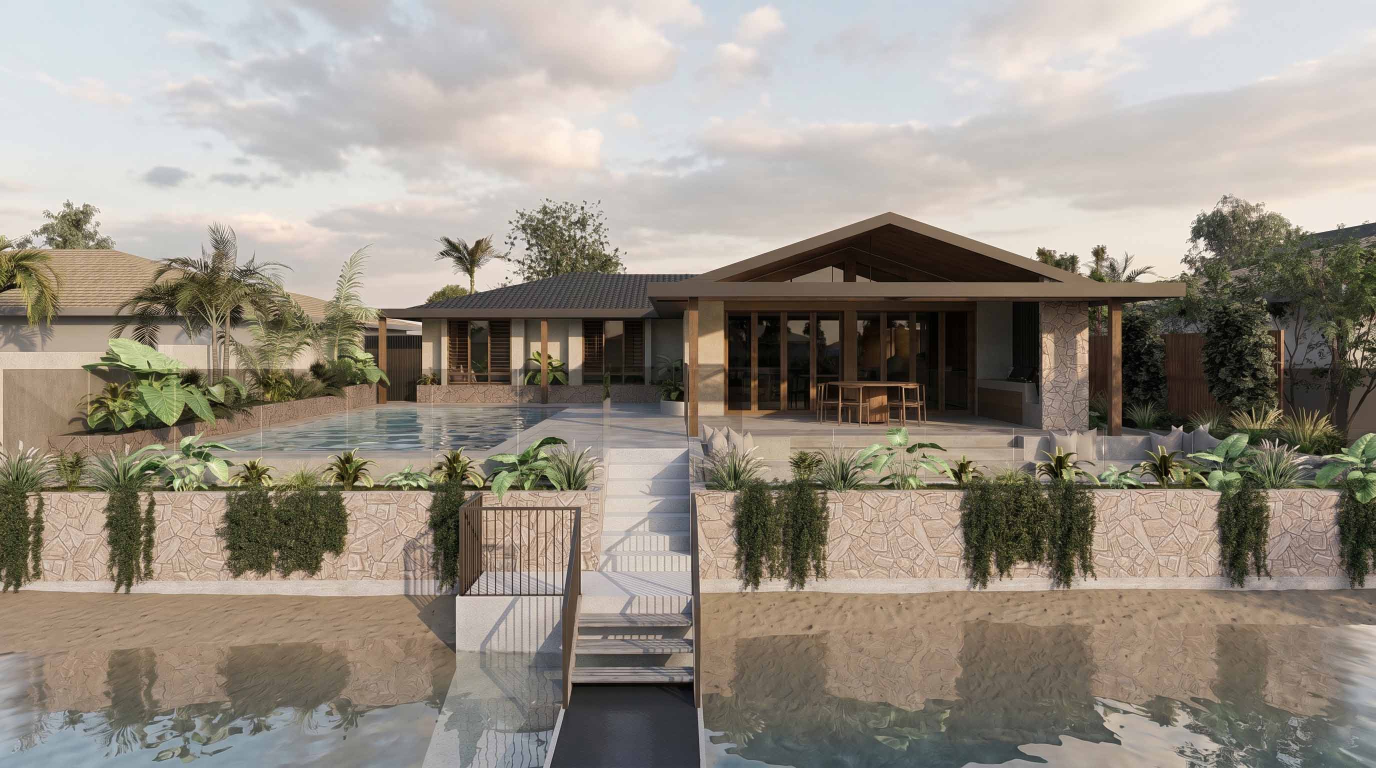 3D render of a waterfront home with stone garden terraces