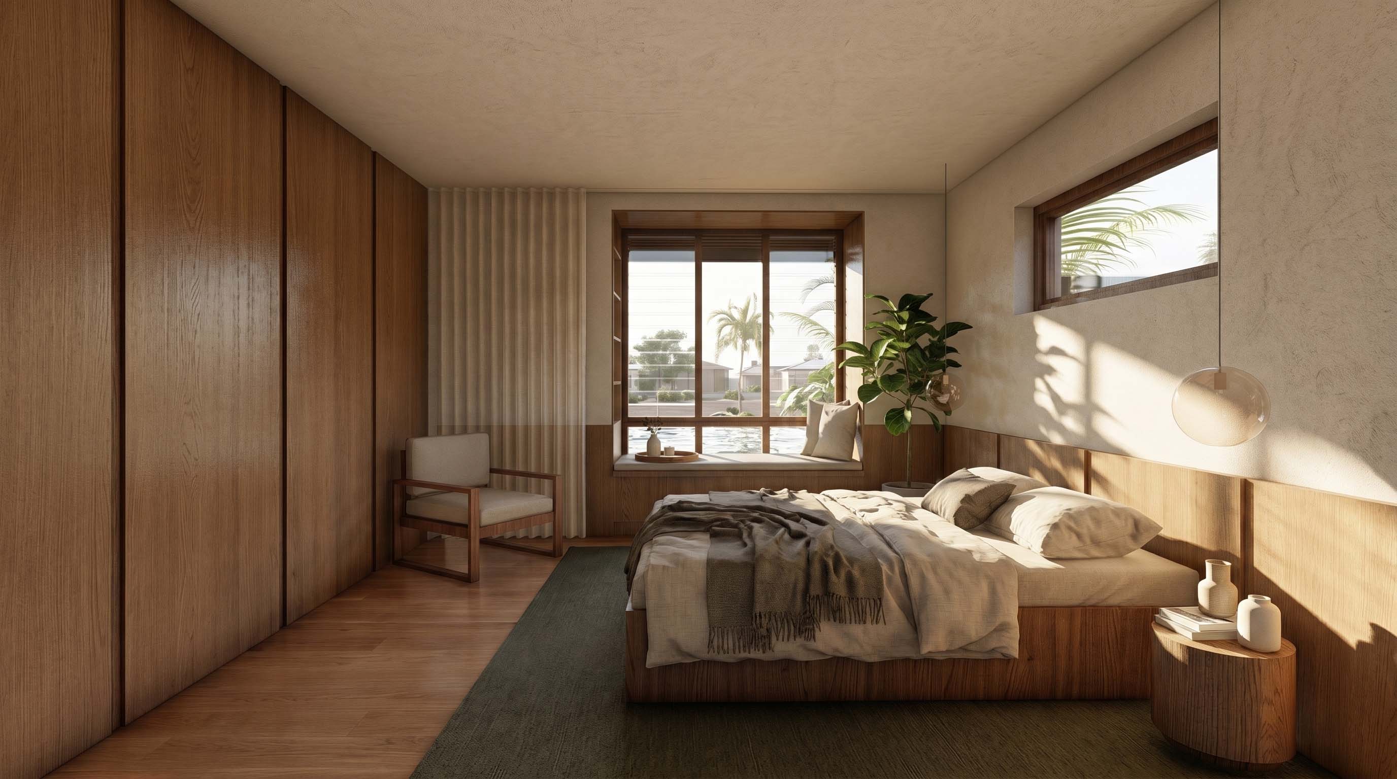 Bedroom with timber joinery and garden views