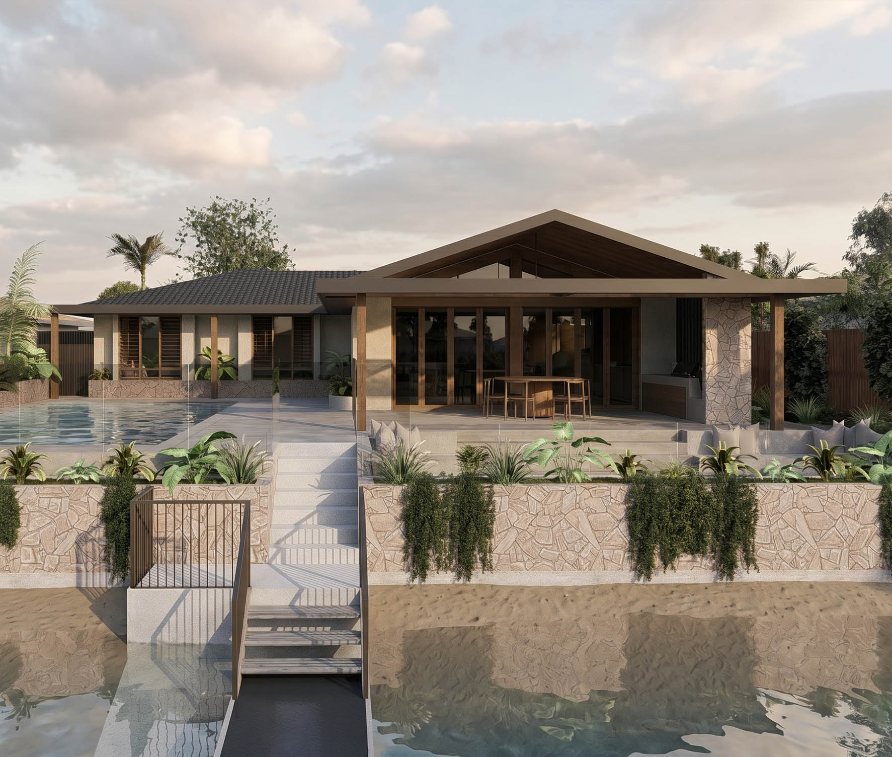 Mallawa Waterfront home with stepped garden terraces to the canal