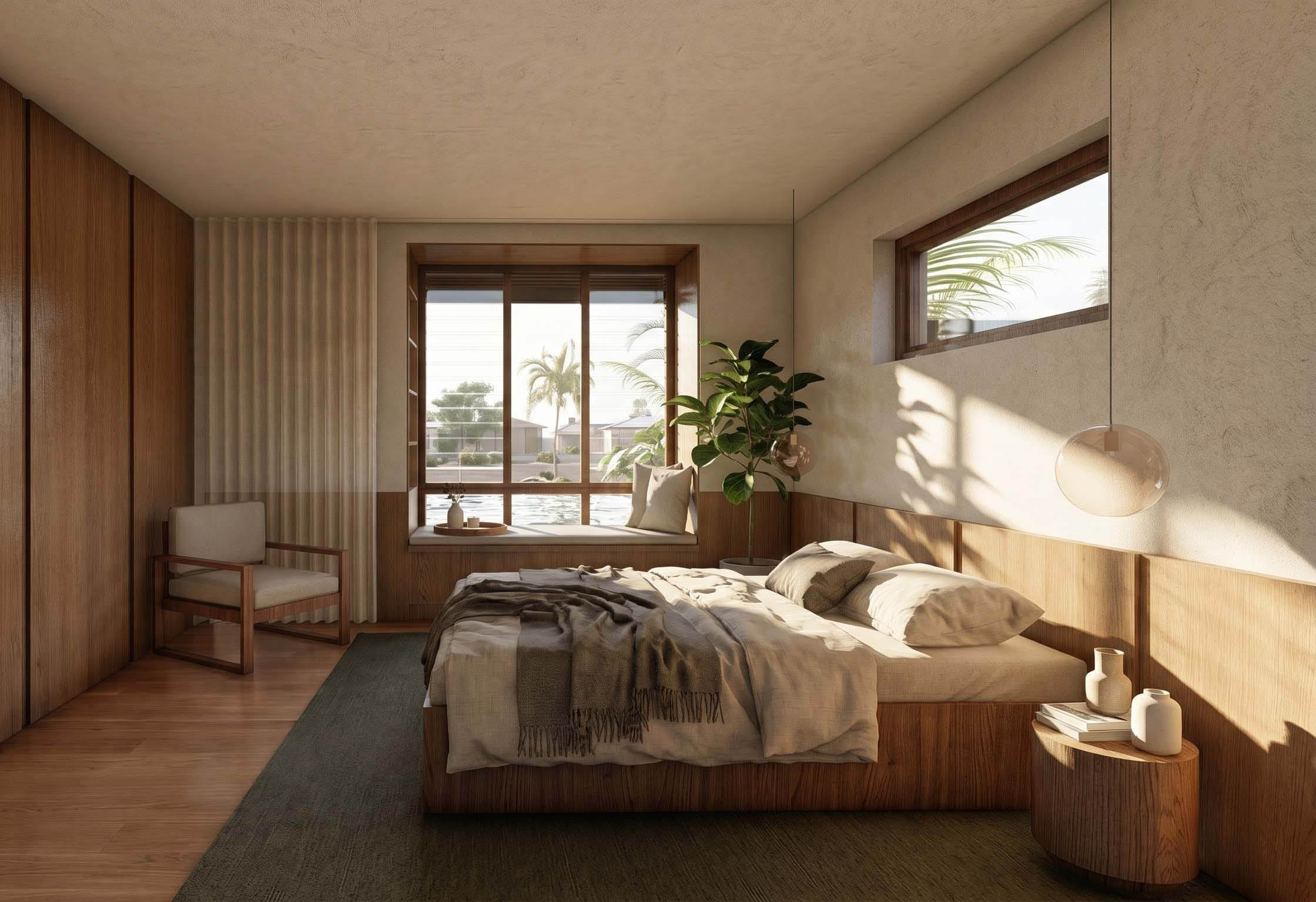 Bedroom with timber joinery and a window seat