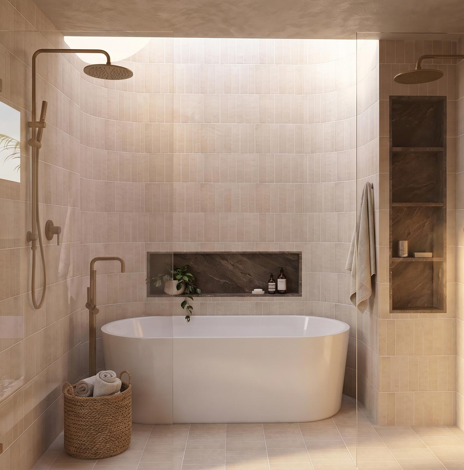 Bathroom with a freestanding bath, curved tiled walls and skylight