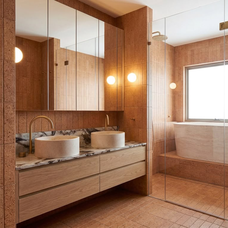 Terracotta-tiled ensuite with stone basins and a soaking bath