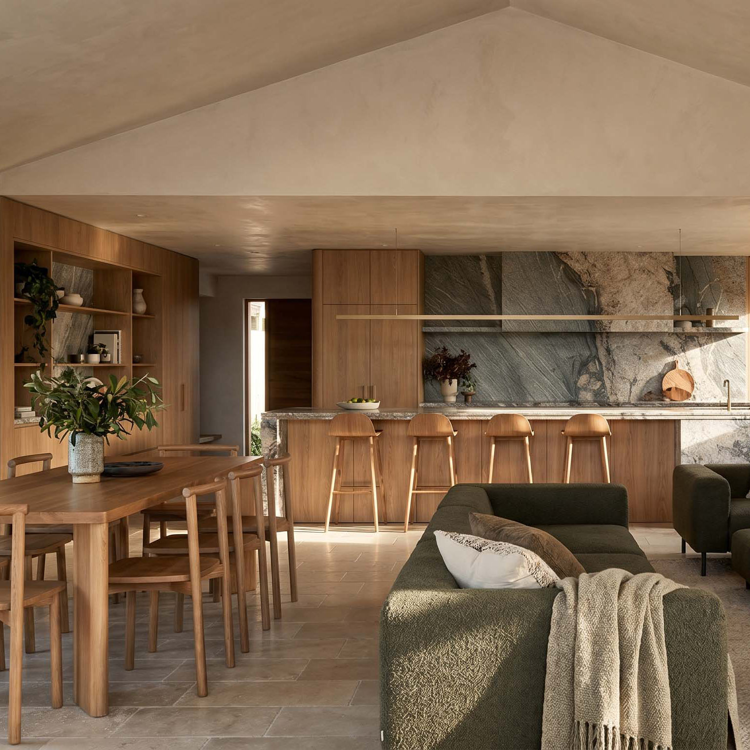 Mallawa Waterfront kitchen and living room with a stone splashback