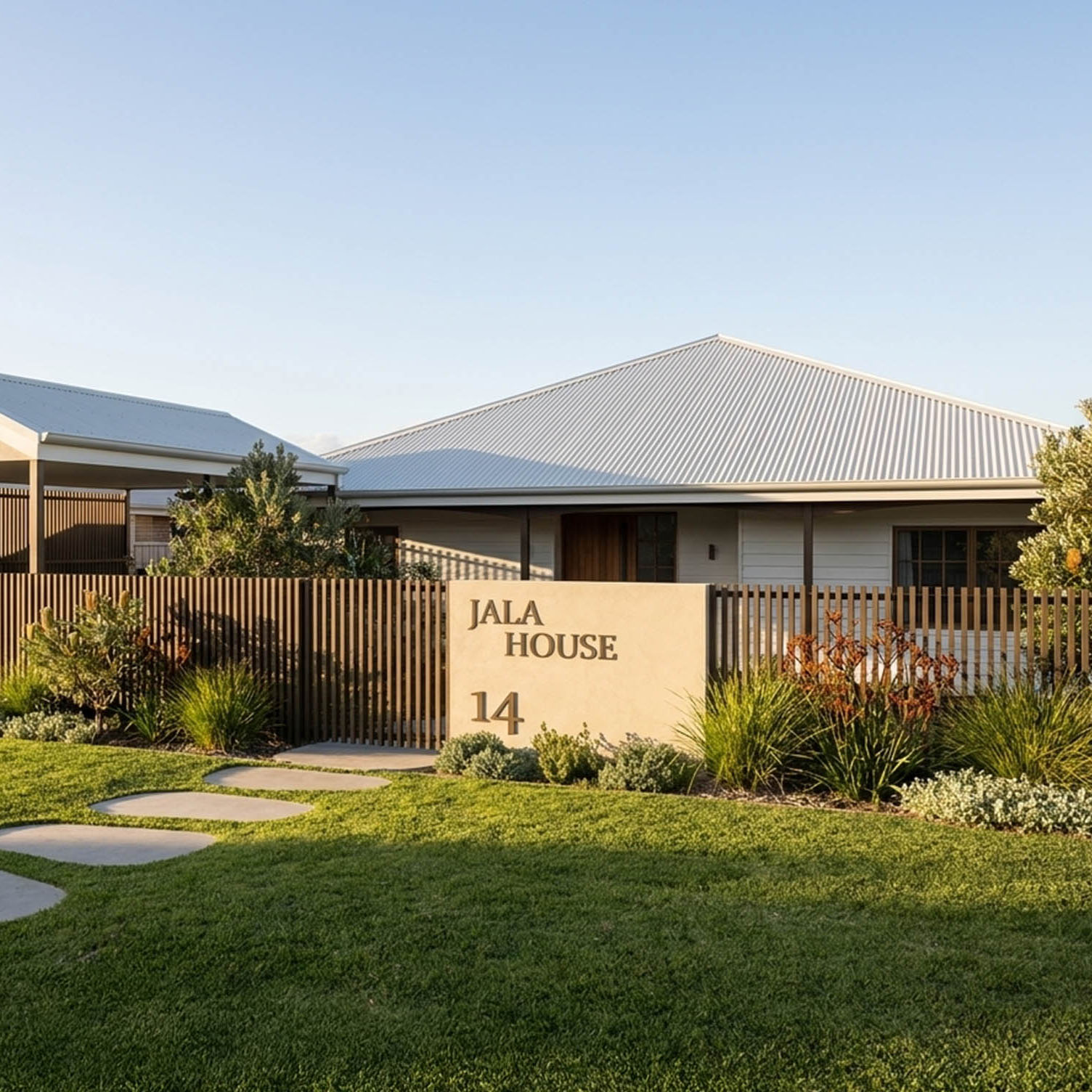 Jala House exterior render by Studio Valenza, with timber screening and native garden