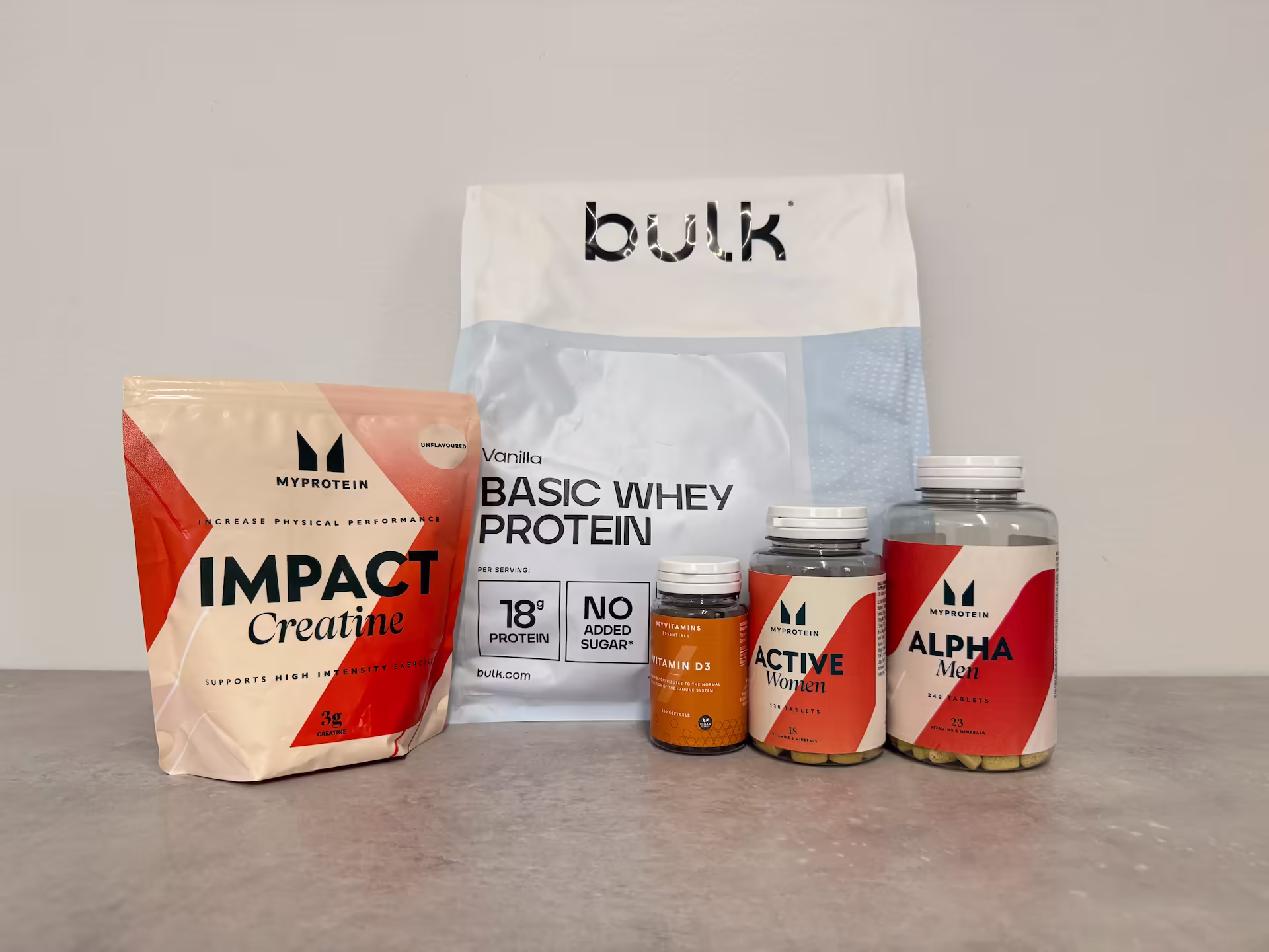 Selection of the top five supplements for health and training, including creatine, whey protein, vitamin D, and multivitamins from MyProtein and Bulk, supporting performance and recovery.
