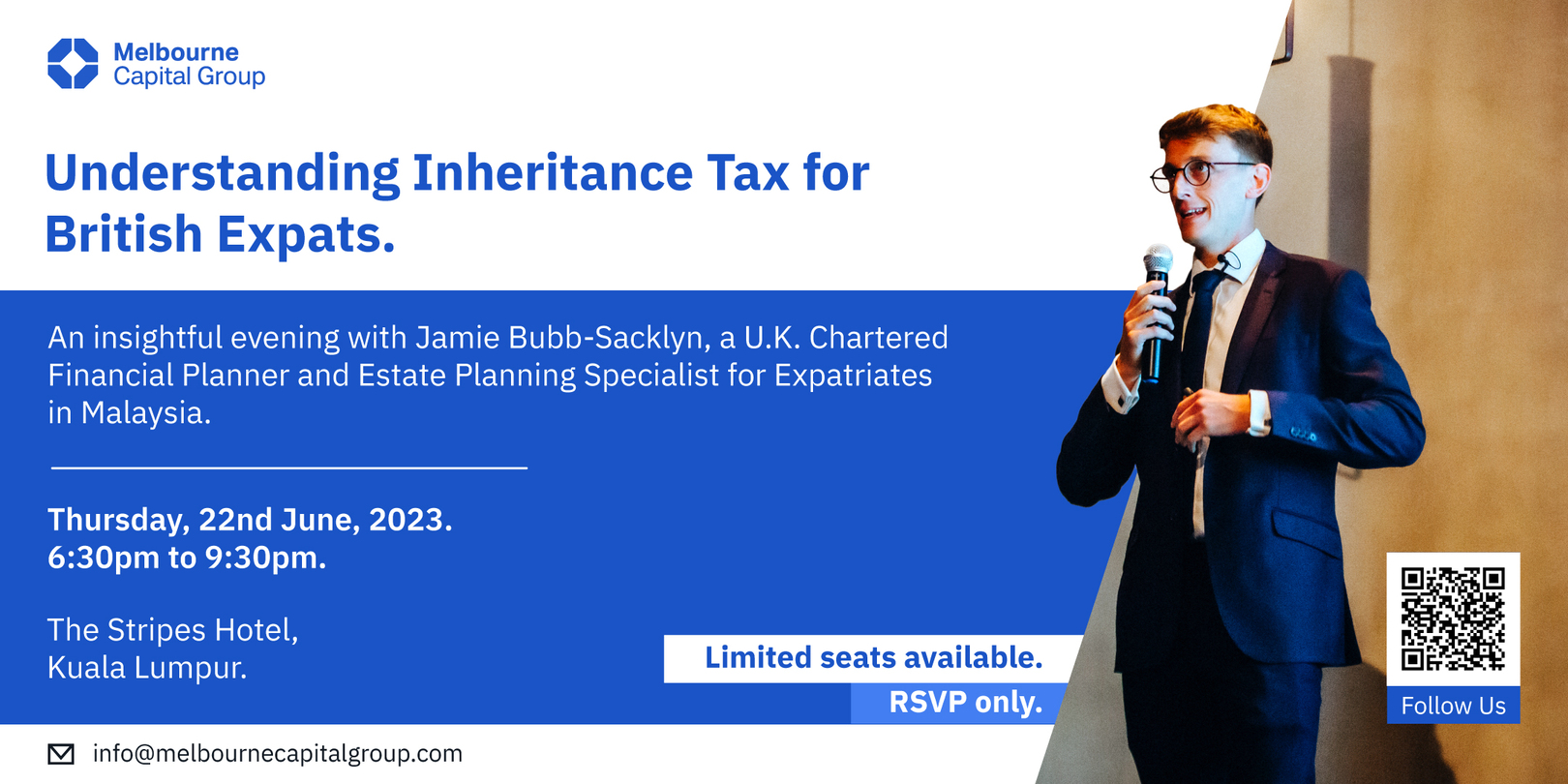 Jamie Bubb-Sacklyn, chartered financial planner at melbourne capital group presenting inheritance tax seminar 
